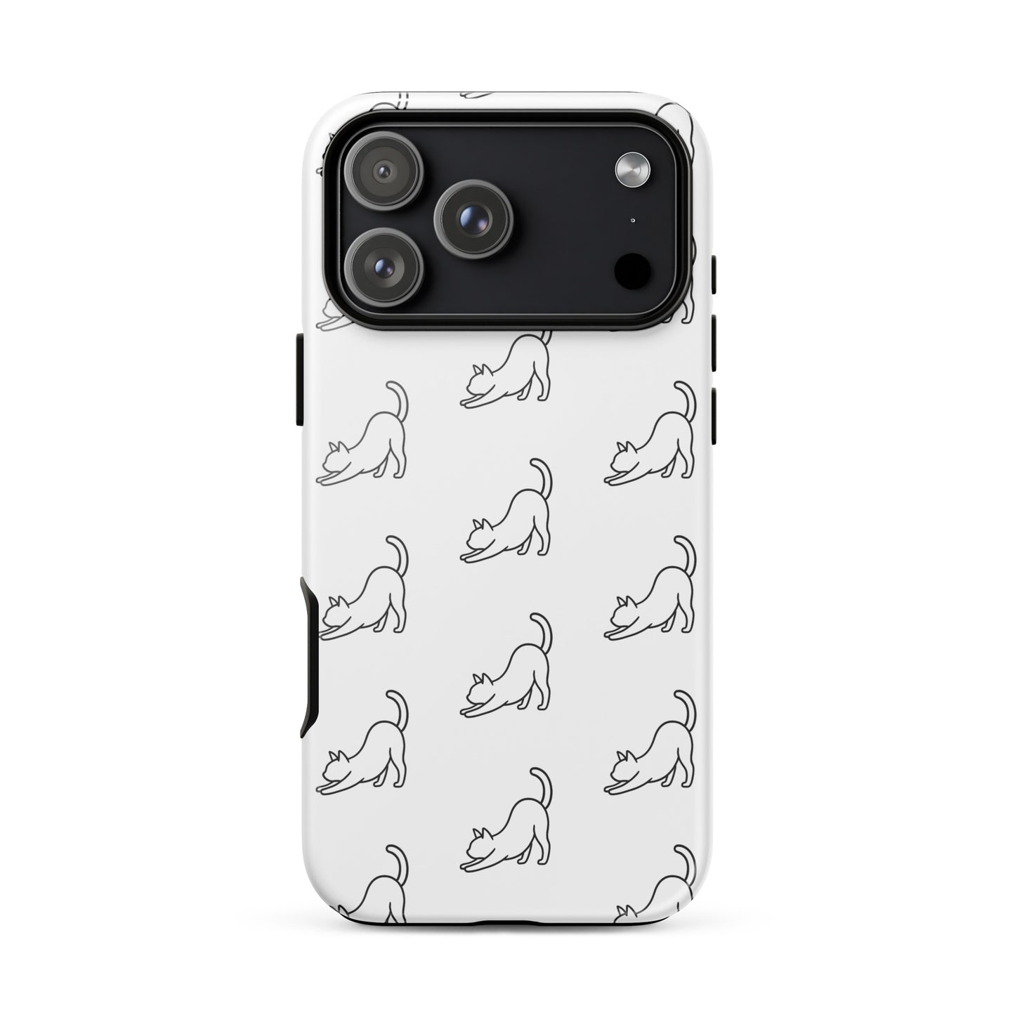 Phone Case featuring minimalist stretching cat pattern on a white background for iPhone.