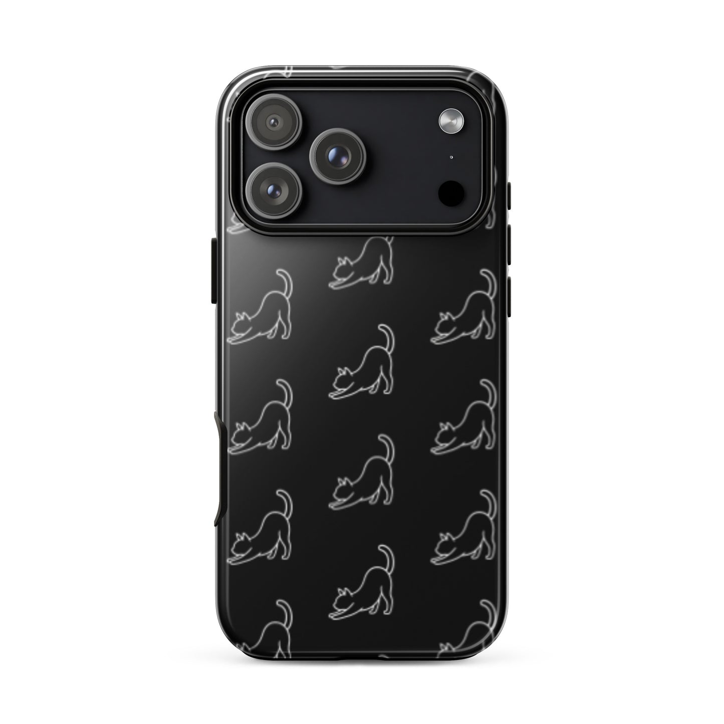 Phone Case for iPhone featuring minimalist stretching cat pattern on a sleek black background.