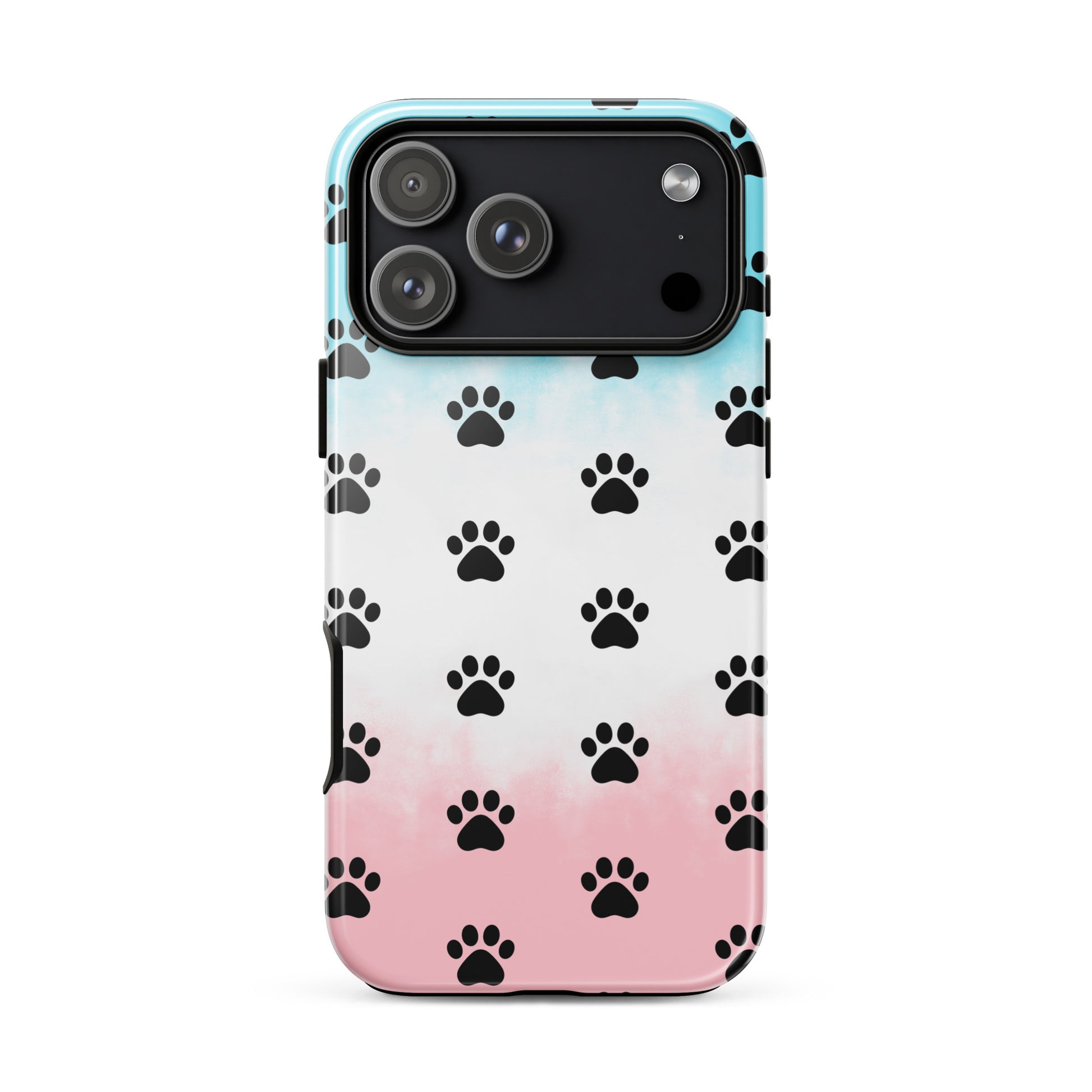 Phone Case for iPhone featuring a playful paw print pattern in black on a gradient background.