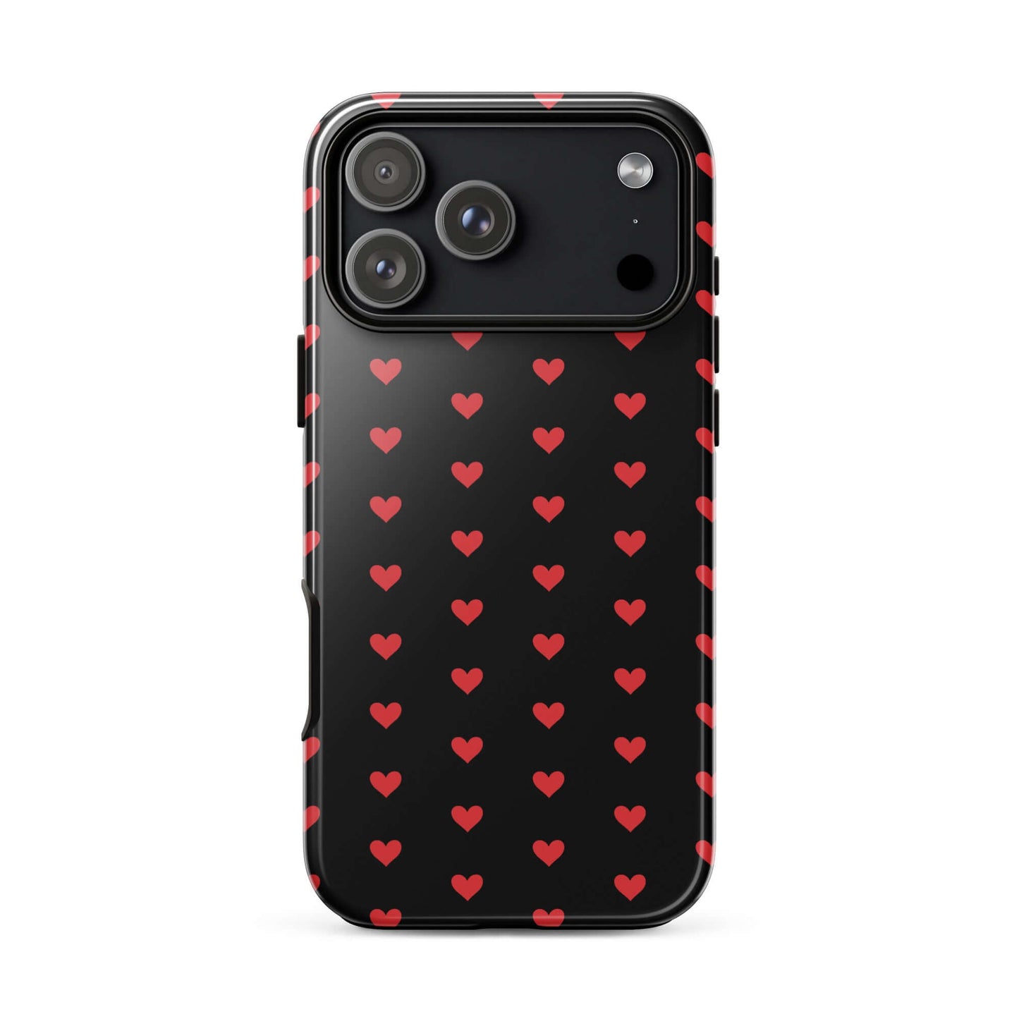 Phone Case for iPhone featuring fiery red hearts on a black background, combining style and protection.