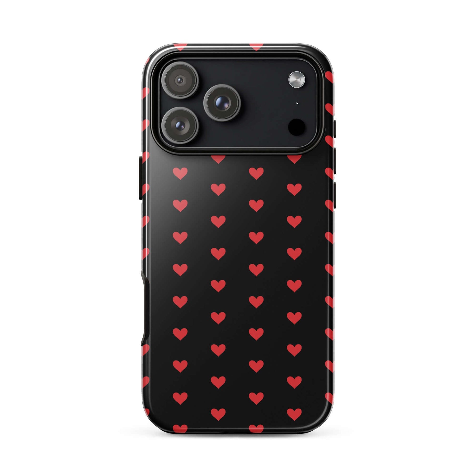 Phone Case for iPhone featuring fiery red hearts on a black background, combining style and protection.