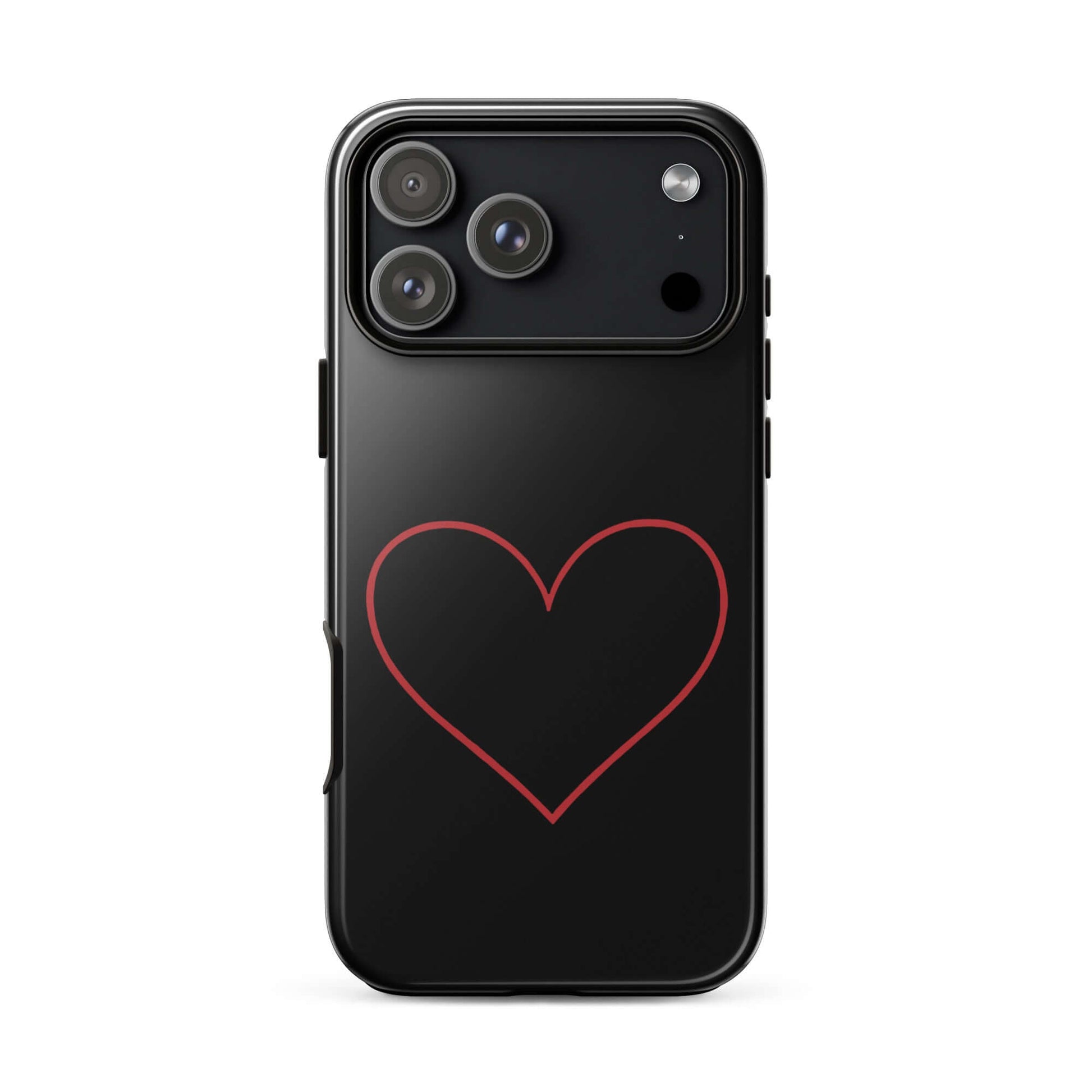 Phone Case for iPhone featuring minimalist crimson heart design on sleek black background.