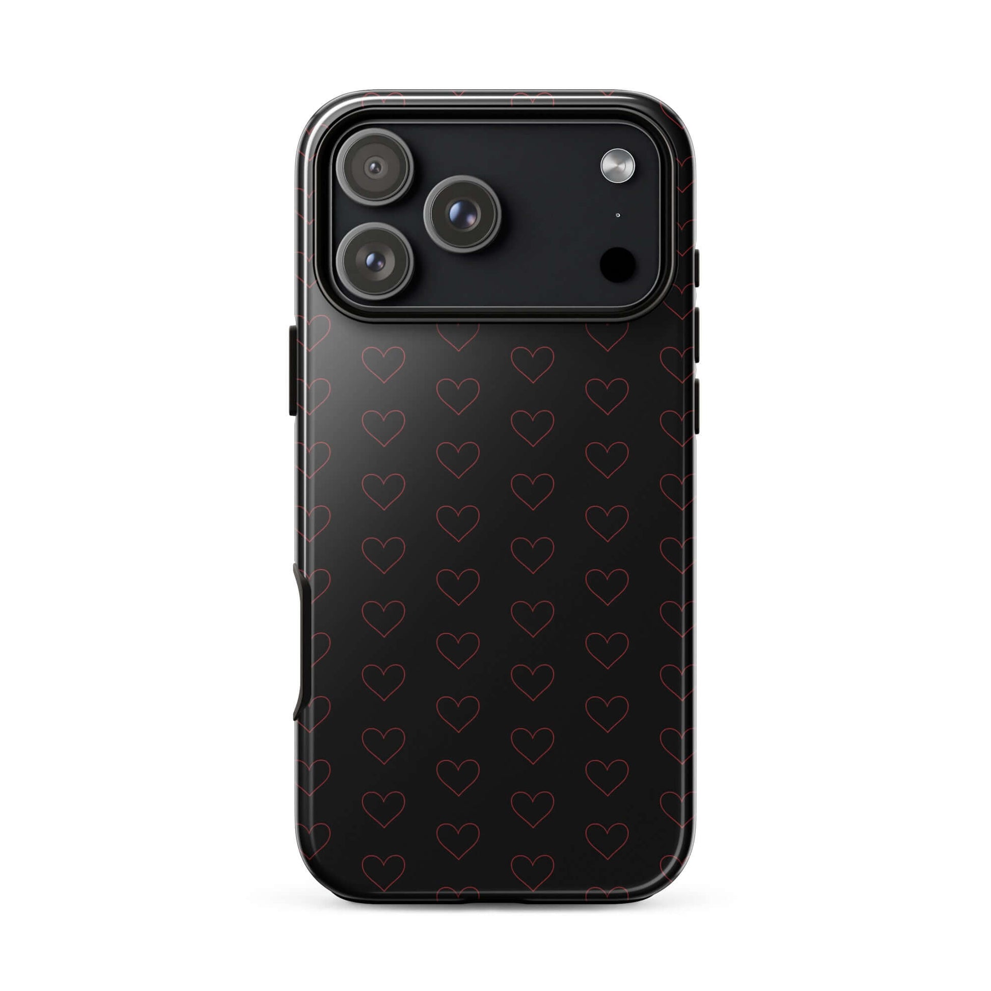 Phone Case for iPhone with elegant crimson heart pattern on a sleek black background.