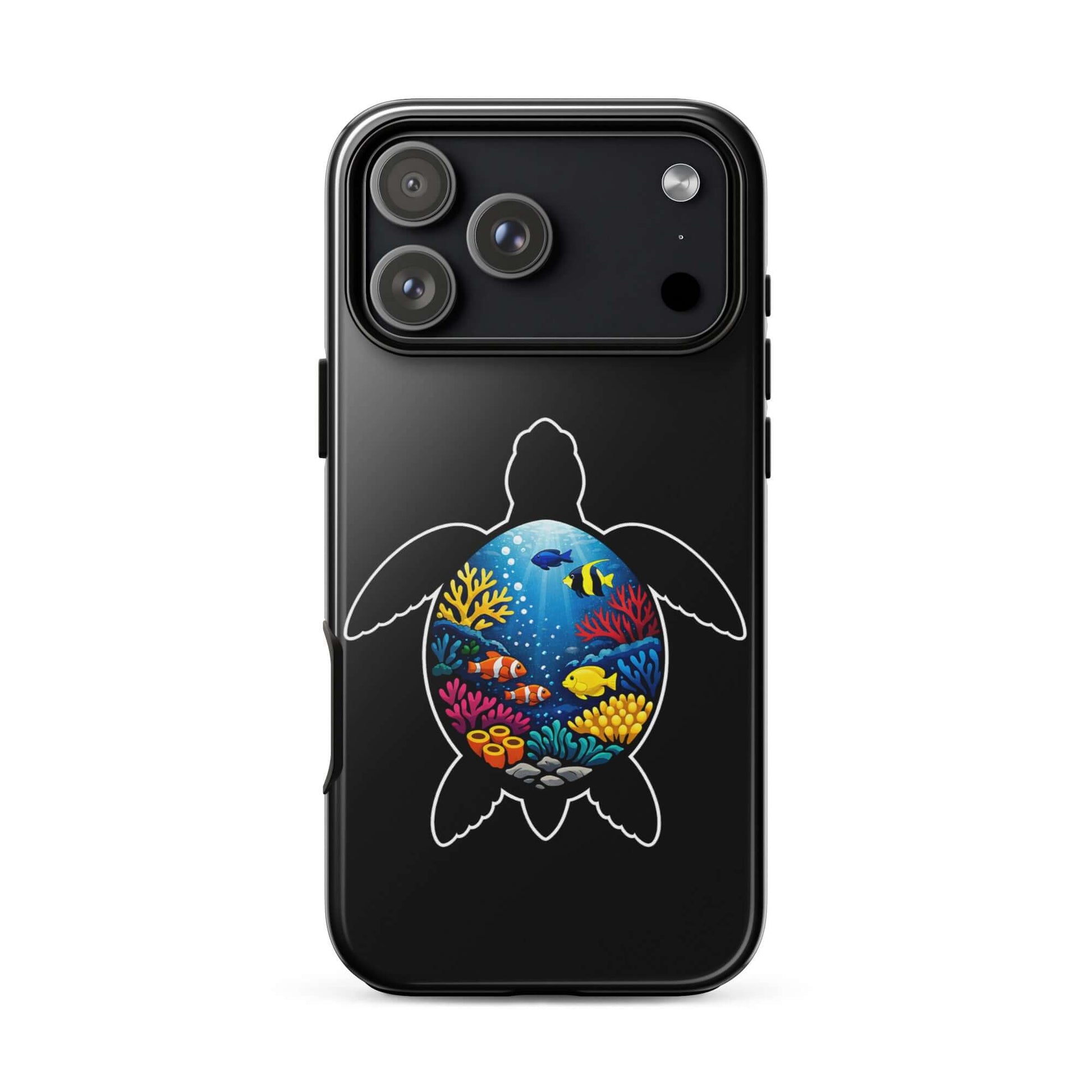 Phone Case for iPhone featuring vibrant sea turtle reef design with colorful coral and fish.