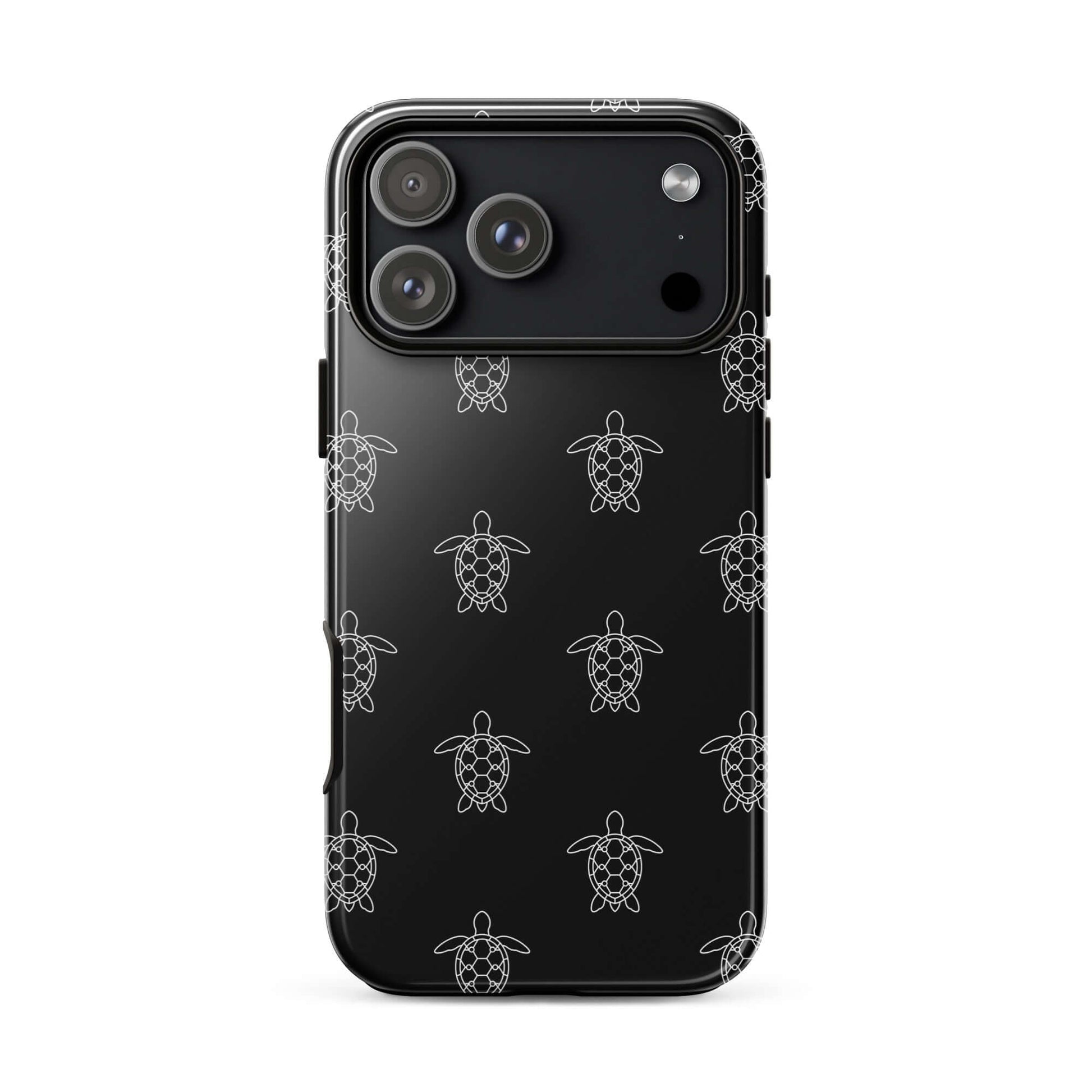 Phone Case for iPhone featuring minimalist sea turtle pattern in clean white lines against a black background.