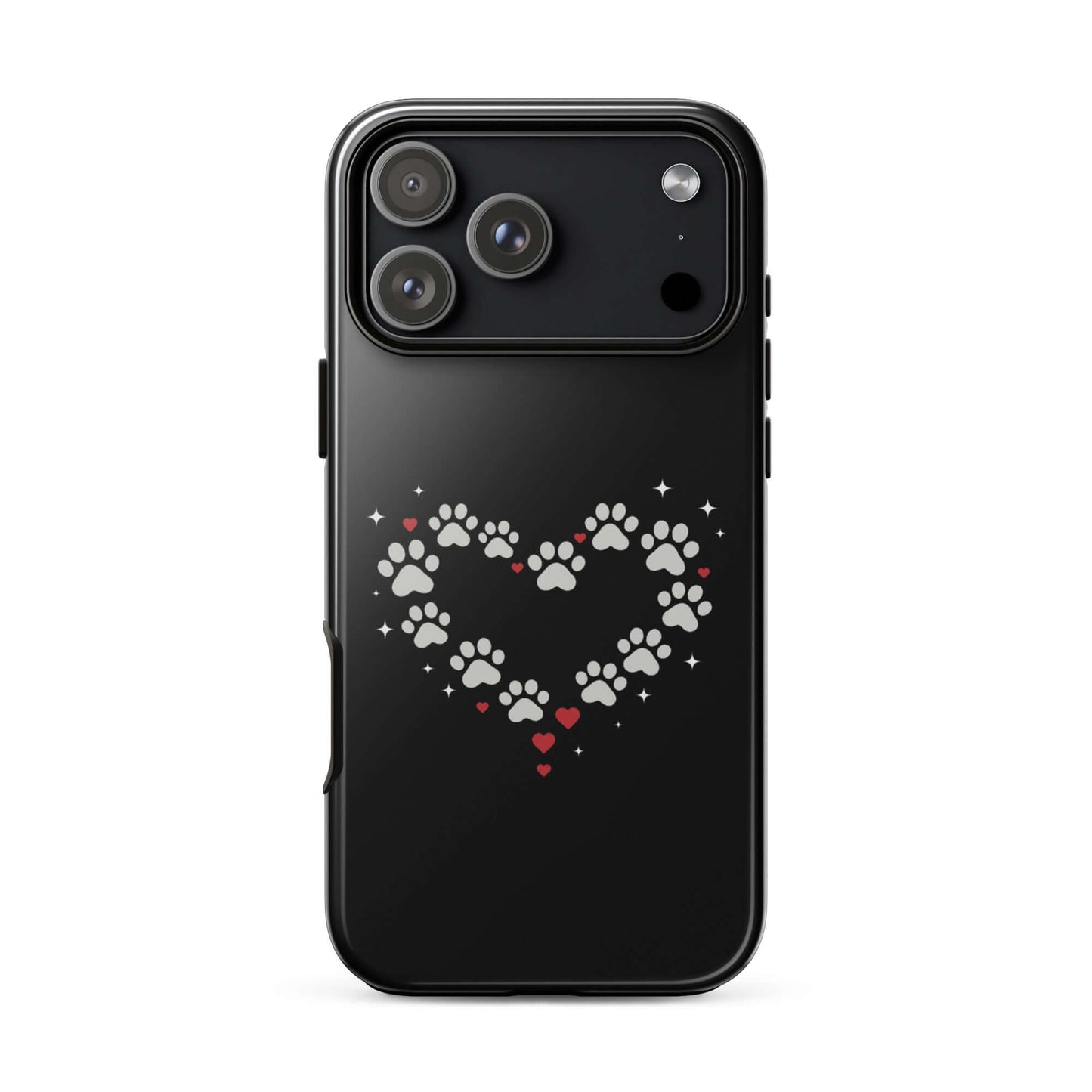 Phone Case featuring paw-print heart design on a black backdrop for stylish pet lovers.