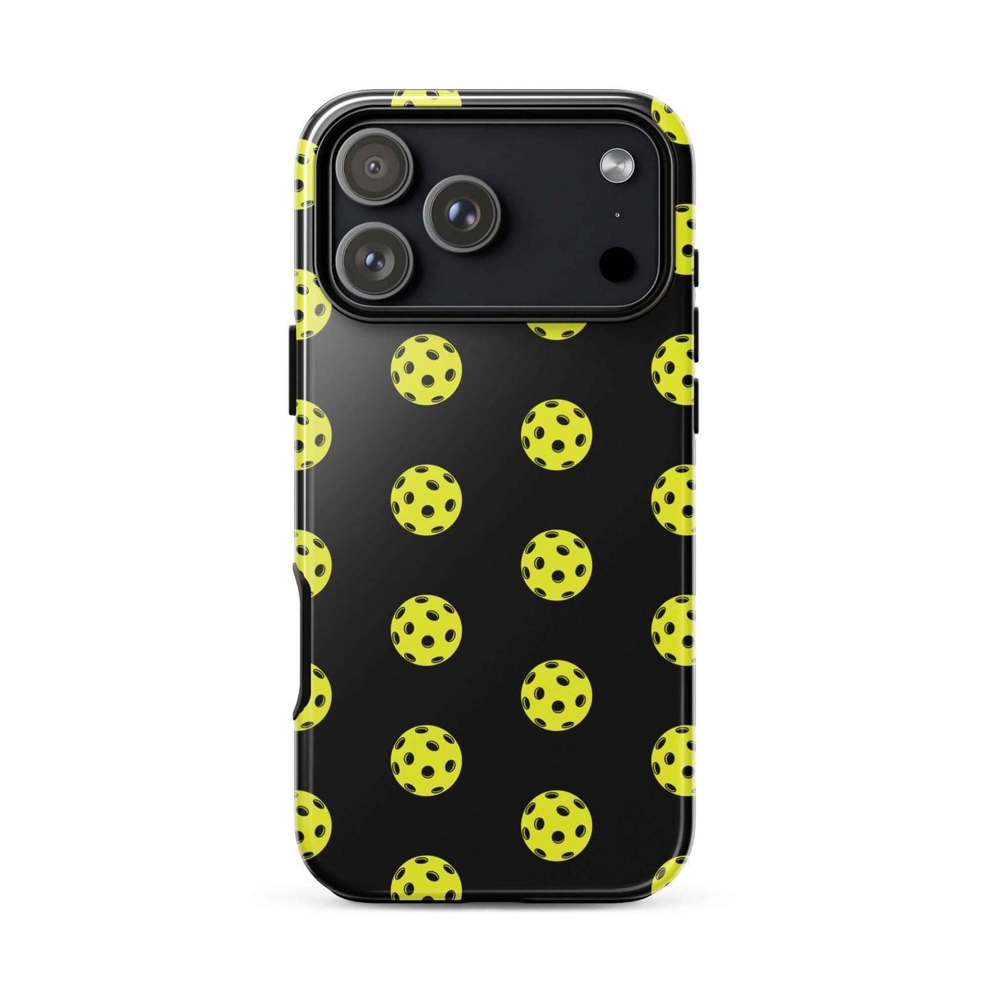 Phone Case featuring a playful pickleball pattern on a sleek black background, perfect for sporty style.
