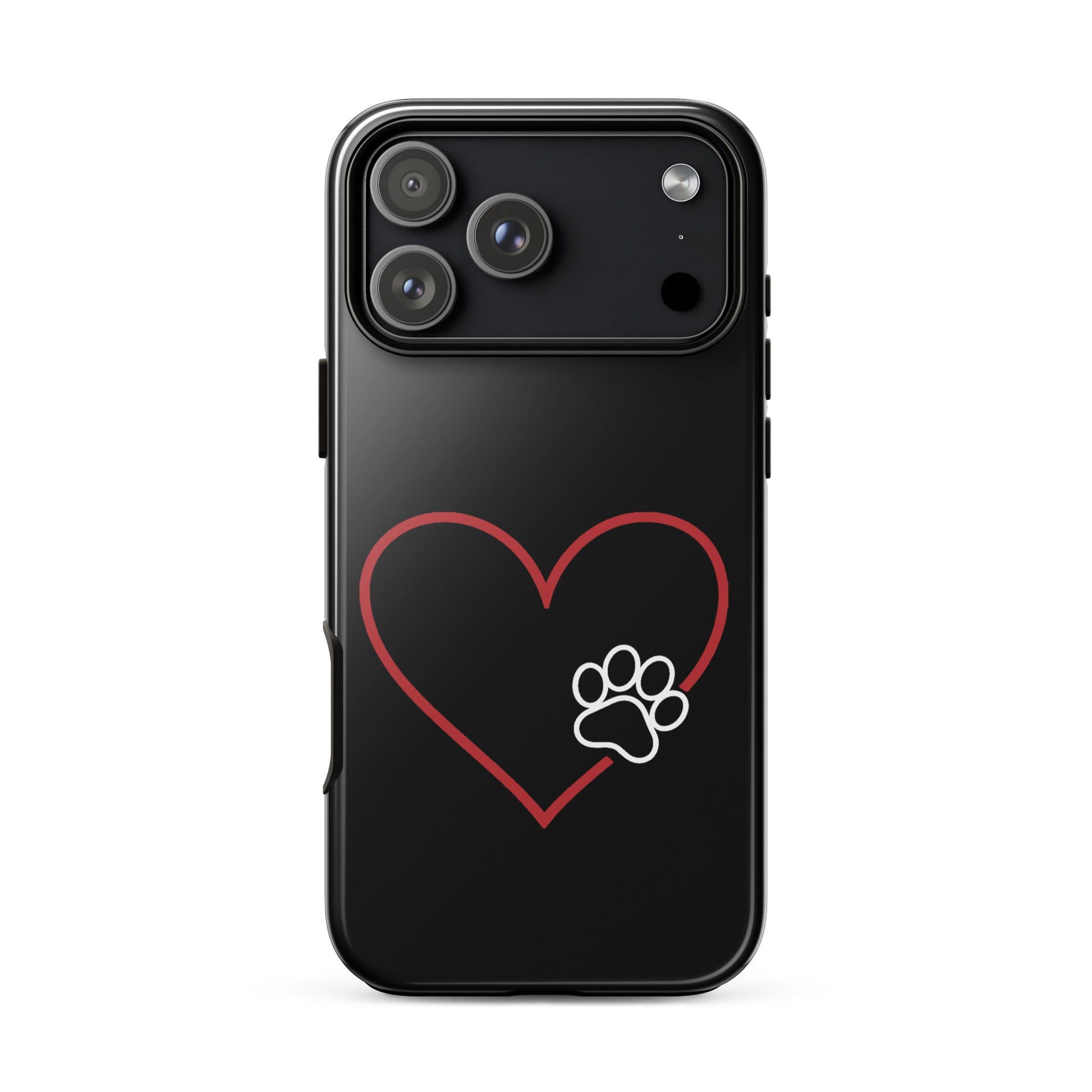 Phone Case for iPhone with elegant heart and paw print design for pet lovers, black background. Stylish and protective phone accessory.