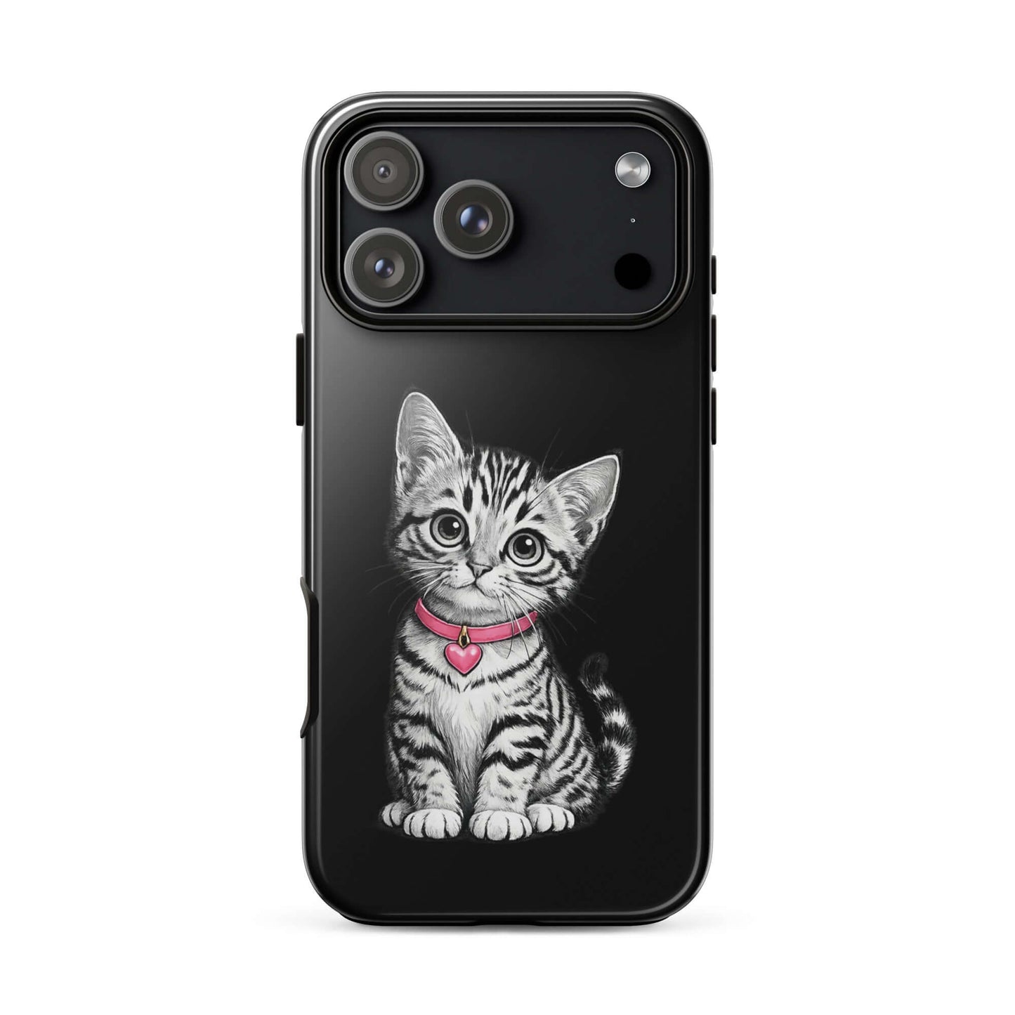 Phone Case for iPhone with pencil sketch kitten and pink heart charm design, offering charm and protection.