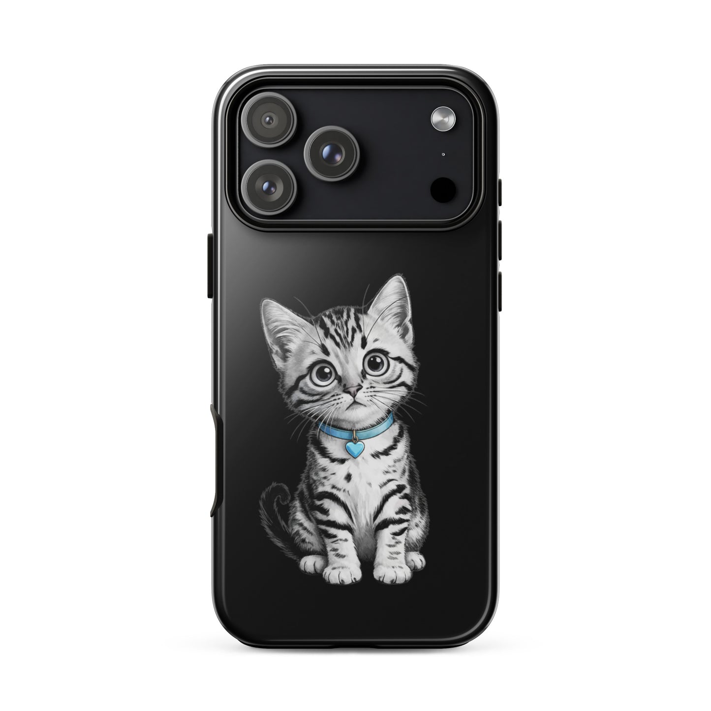 Phone Case for iPhone with kitten sketch and blue heart charm, black-and-white design, cute and protective accessory.