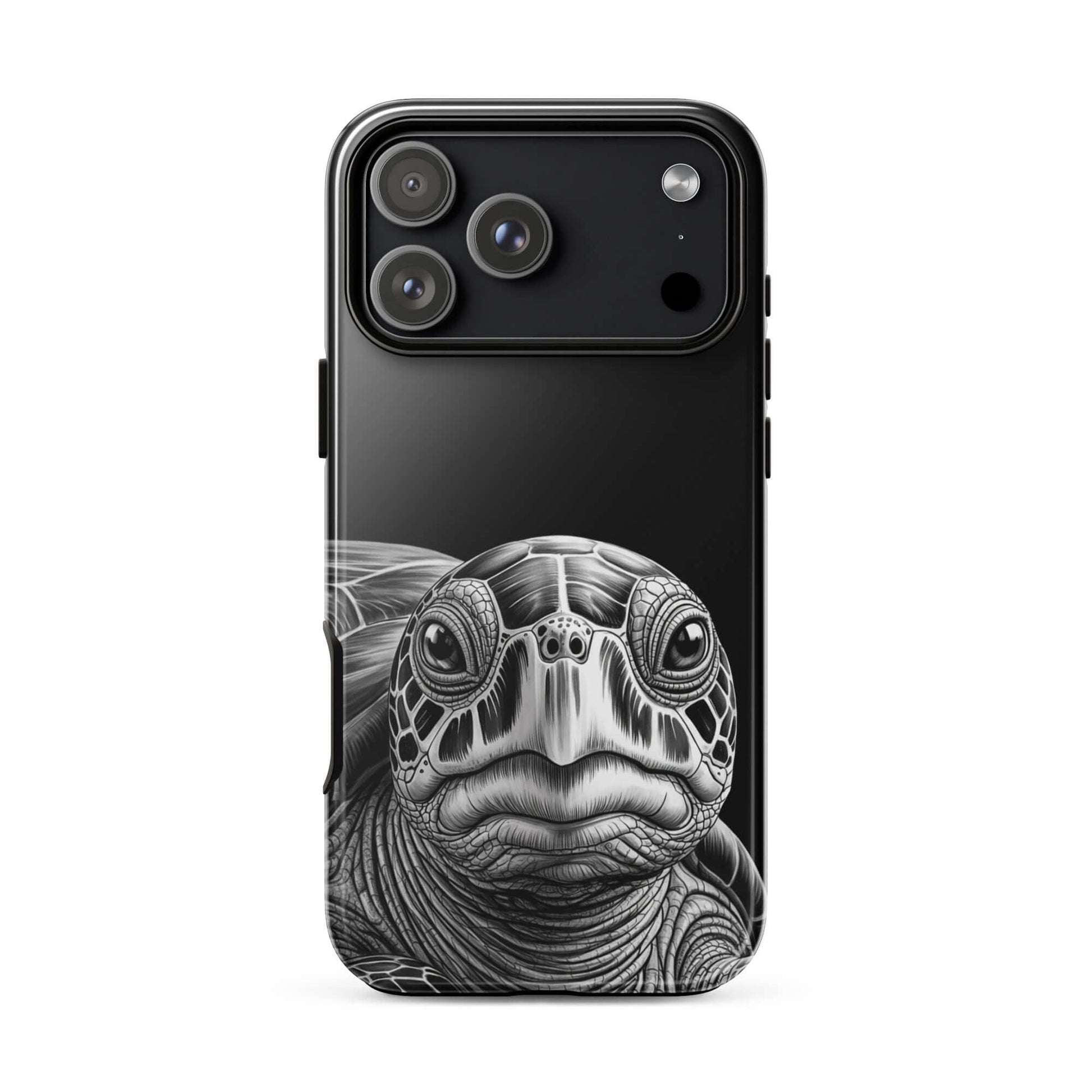 Phone Case featuring black-and-white turtle art, designed for iPhone, showcasing intricate shell and soothing gaze of ancient sea turtle.
