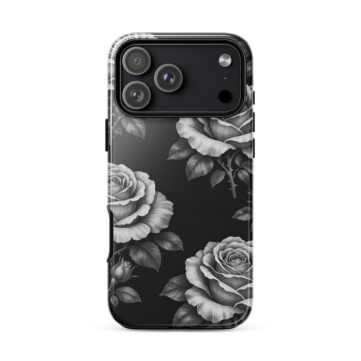 Phone Case with black background featuring hand-sketched white rose and leaves pattern for iPhone, elegant floral design.