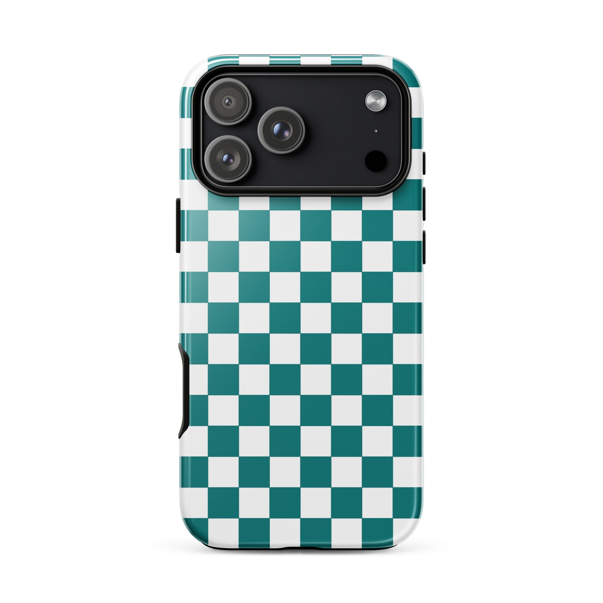 Phone Case for iPhone with teal and white checkered design, adding a bold and playful touch to your device.
