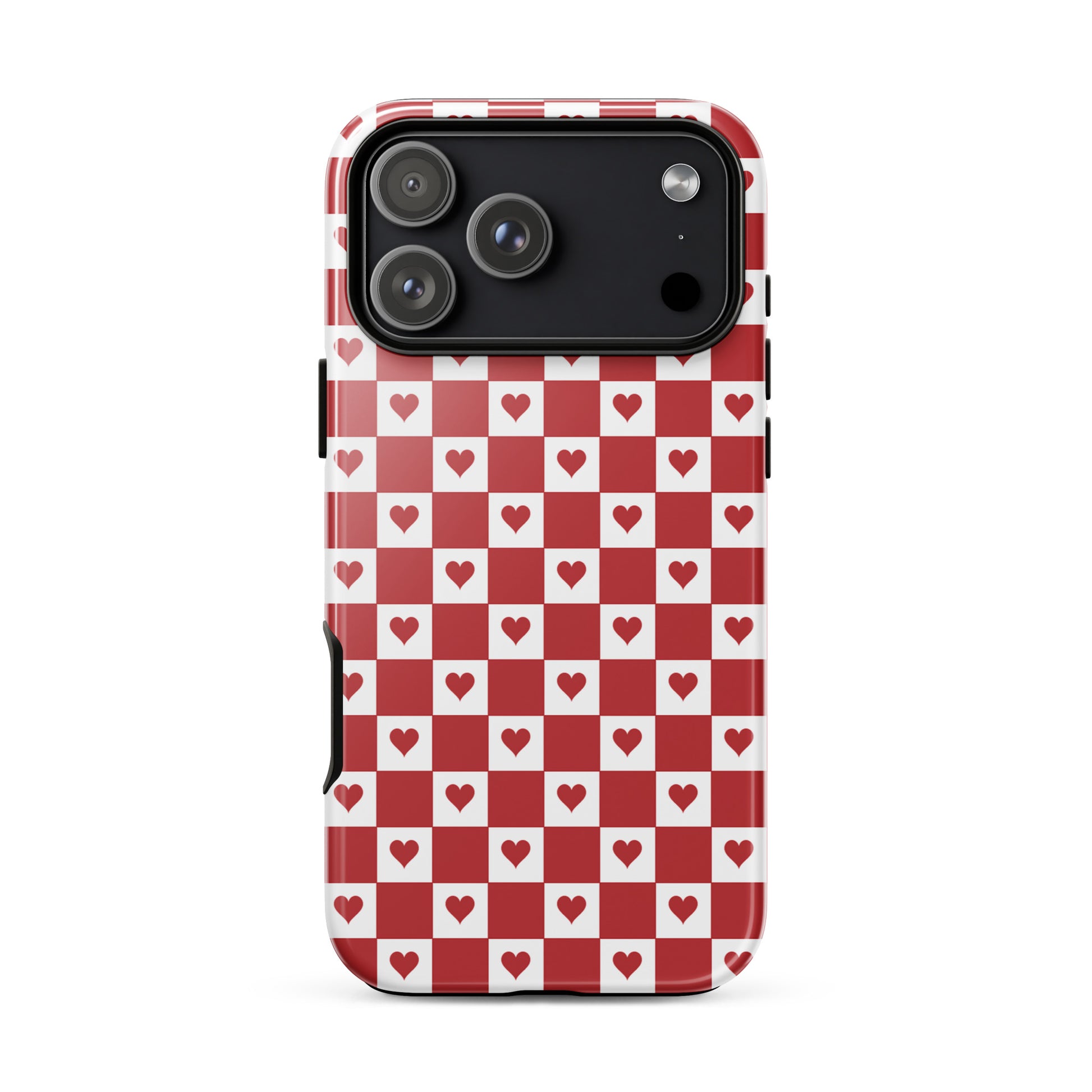 Phone Case for iPhone with cute red heart checkered design, featuring crimson hearts on a red-and-white pattern.