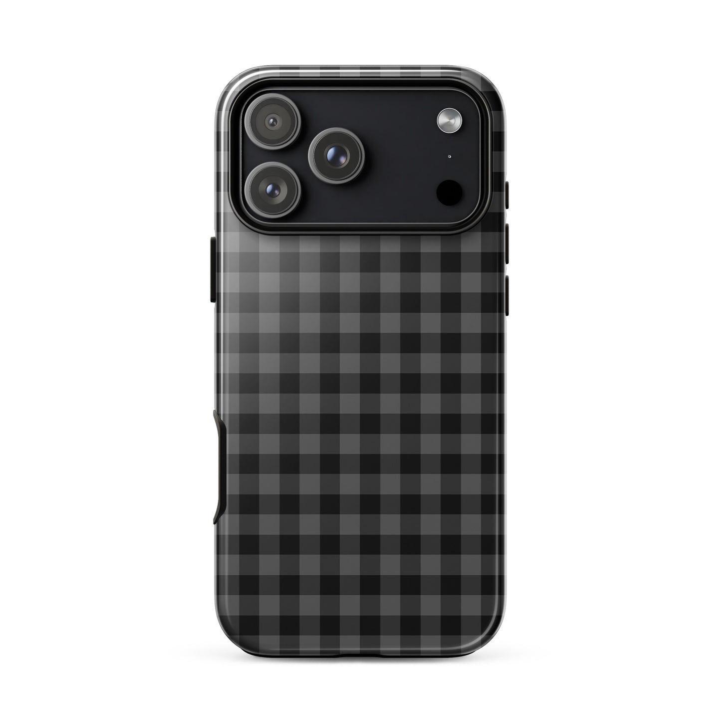 Phone Case for iPhone with black and charcoal gingham pattern, combines style and protection with luxury craftsmanship.