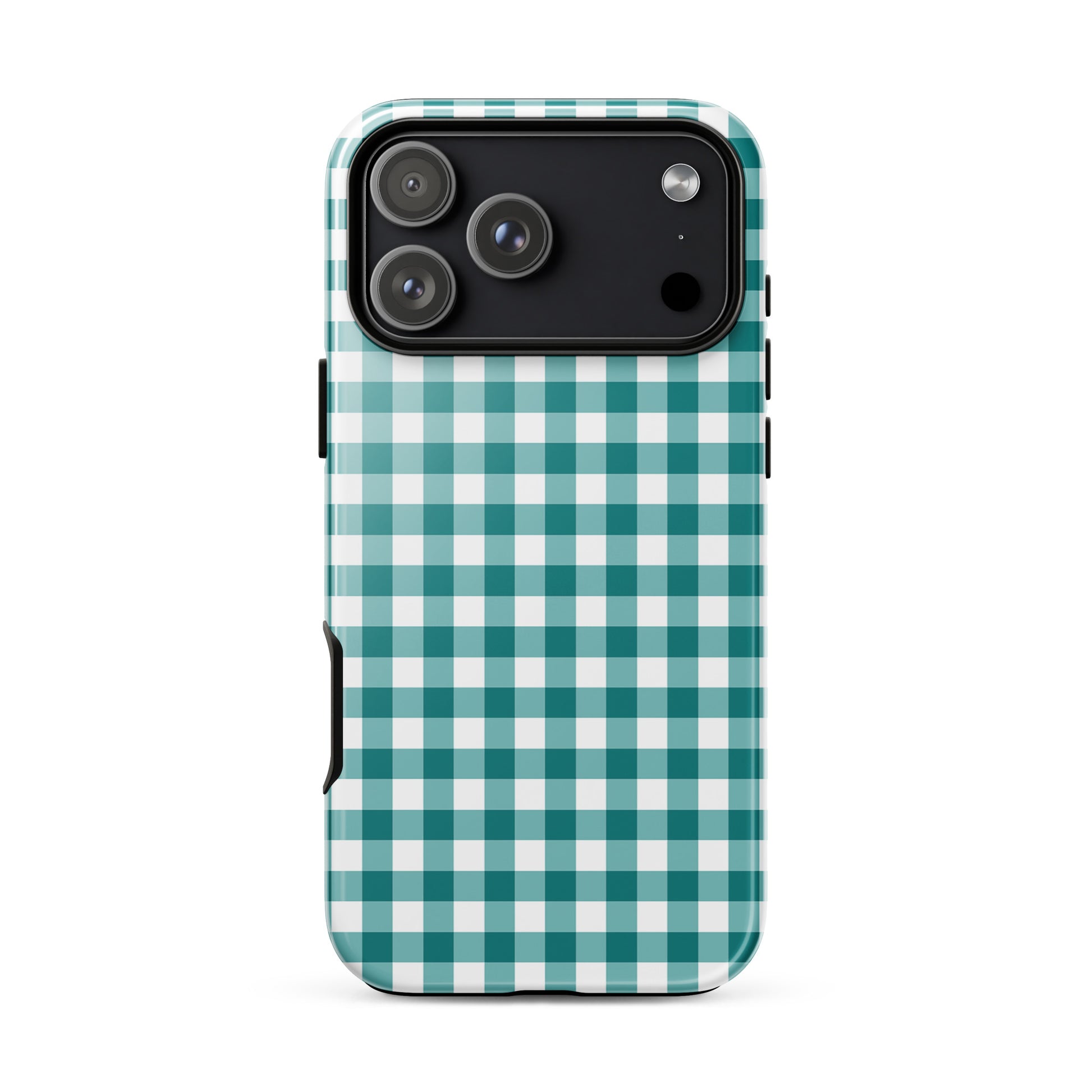 Phone Case with teal and white gingham pattern for iPhone, offering charm and protection.