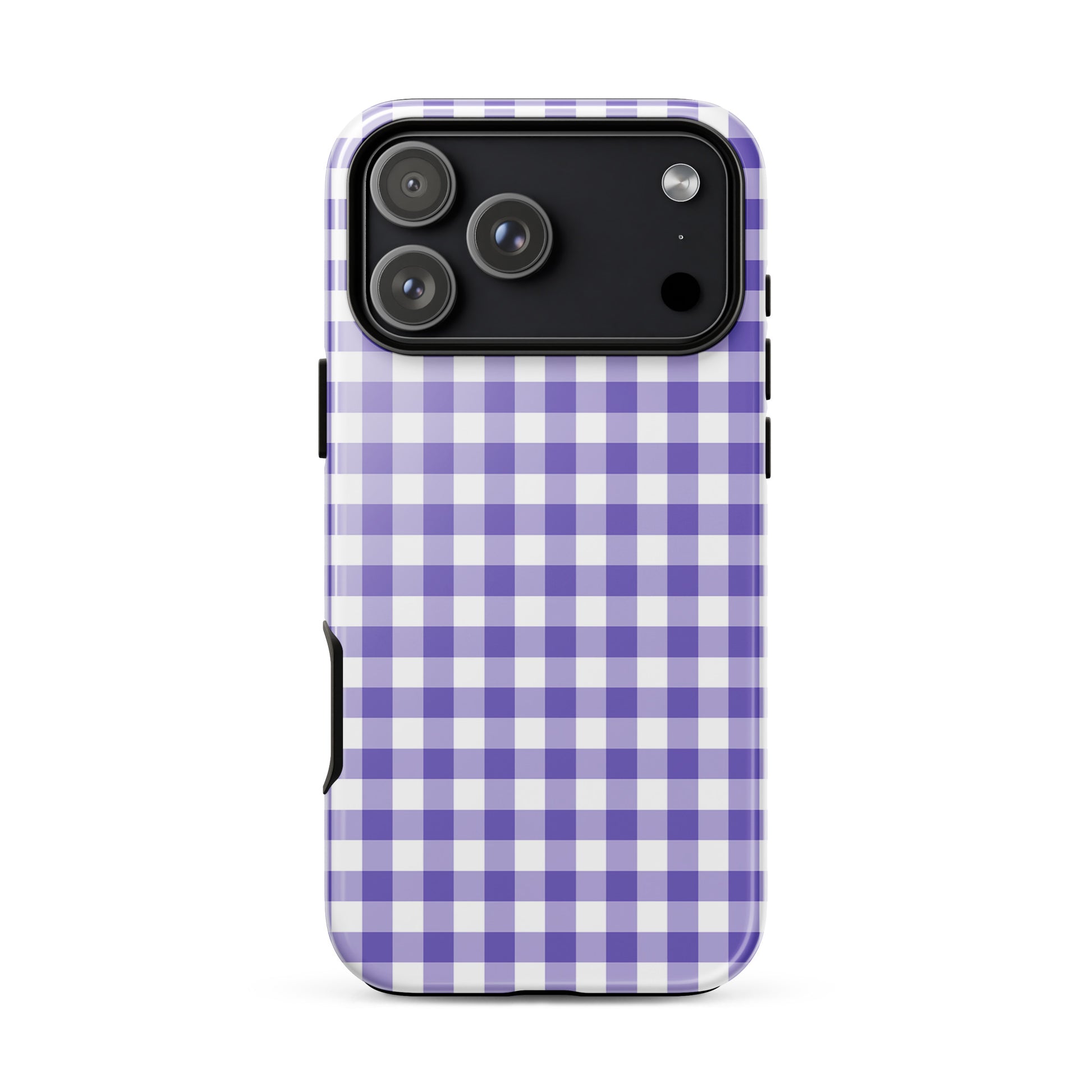 Phone Case with purple-and-white gingham pattern for iPhone, blending style and protection.
