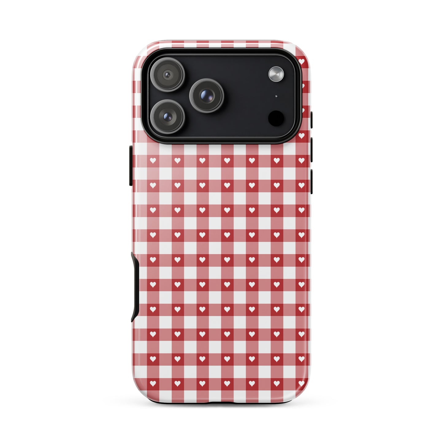 Phone Case for iPhone with red-and-white gingham pattern and white hearts, offering style and protection.