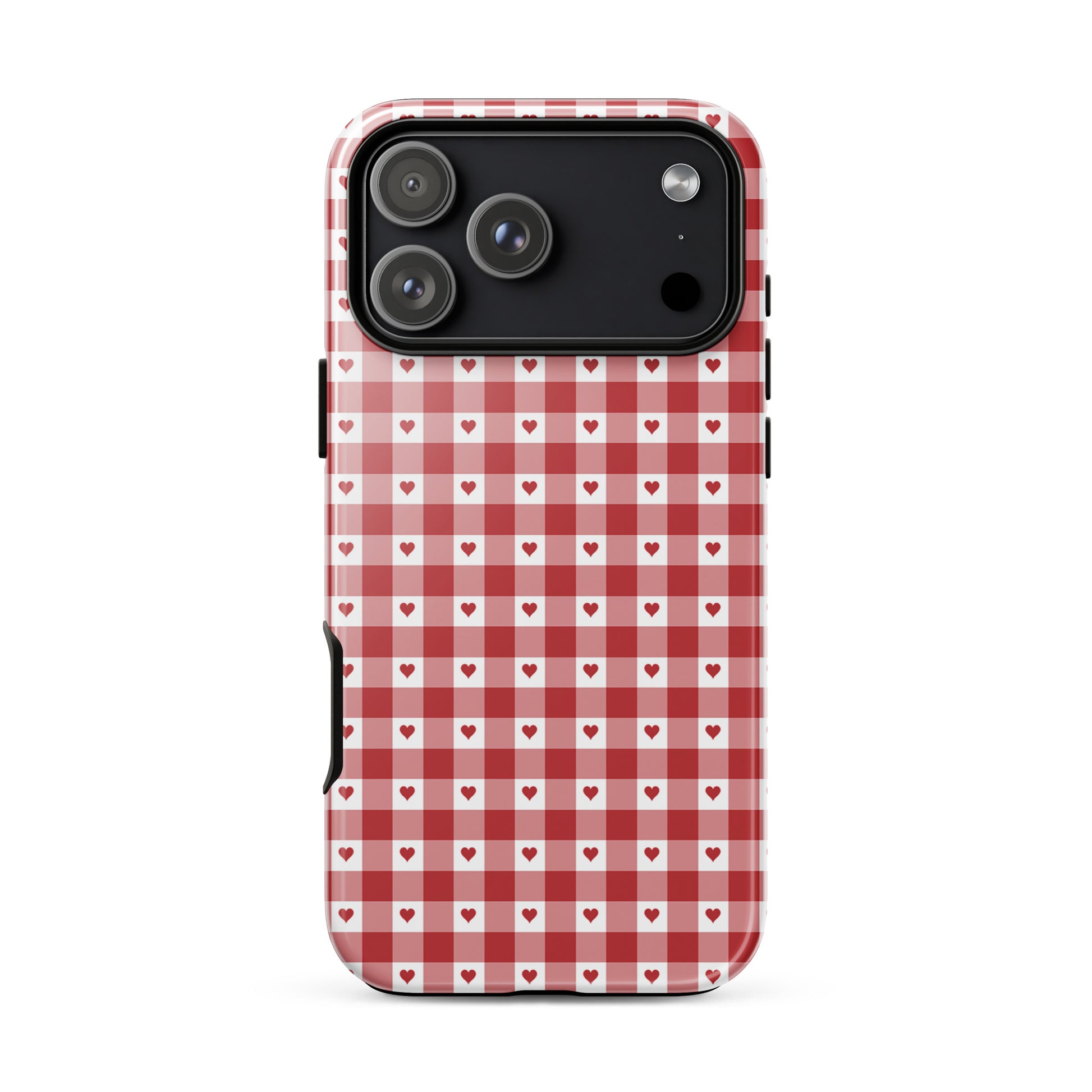 Phone Case for iPhone with gingham heart pattern in red and white, offering stylish protection.