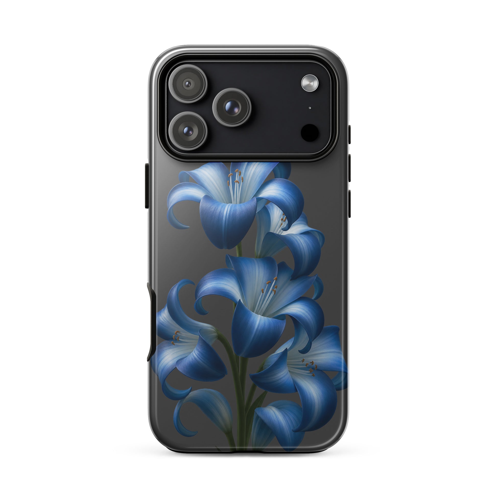 Phone Case for iPhone with blue lily bloom art on dark backdrop, sleek protective dual-layer design for stylish device protection.