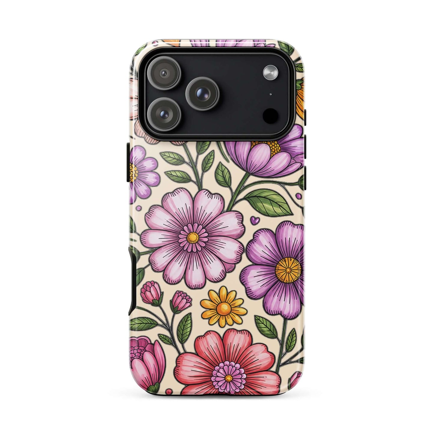 Phone Case for iPhone featuring pastel floral design with pink, peach, lavender, and yellow flowers on a tough polycarbonate shell.