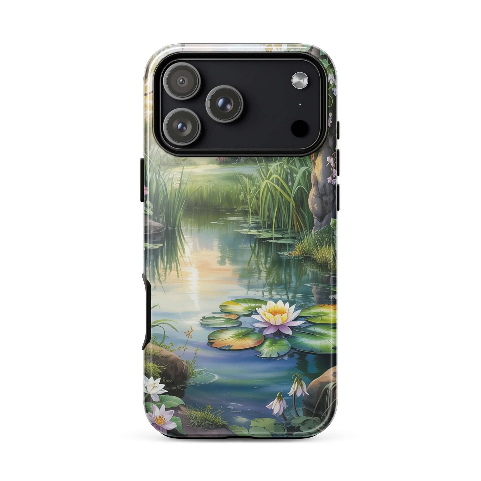 Phone Case for iPhone featuring an enchanted pond scene with lily pads, wildflowers, and sunset reflections, evoking a storybook charm.