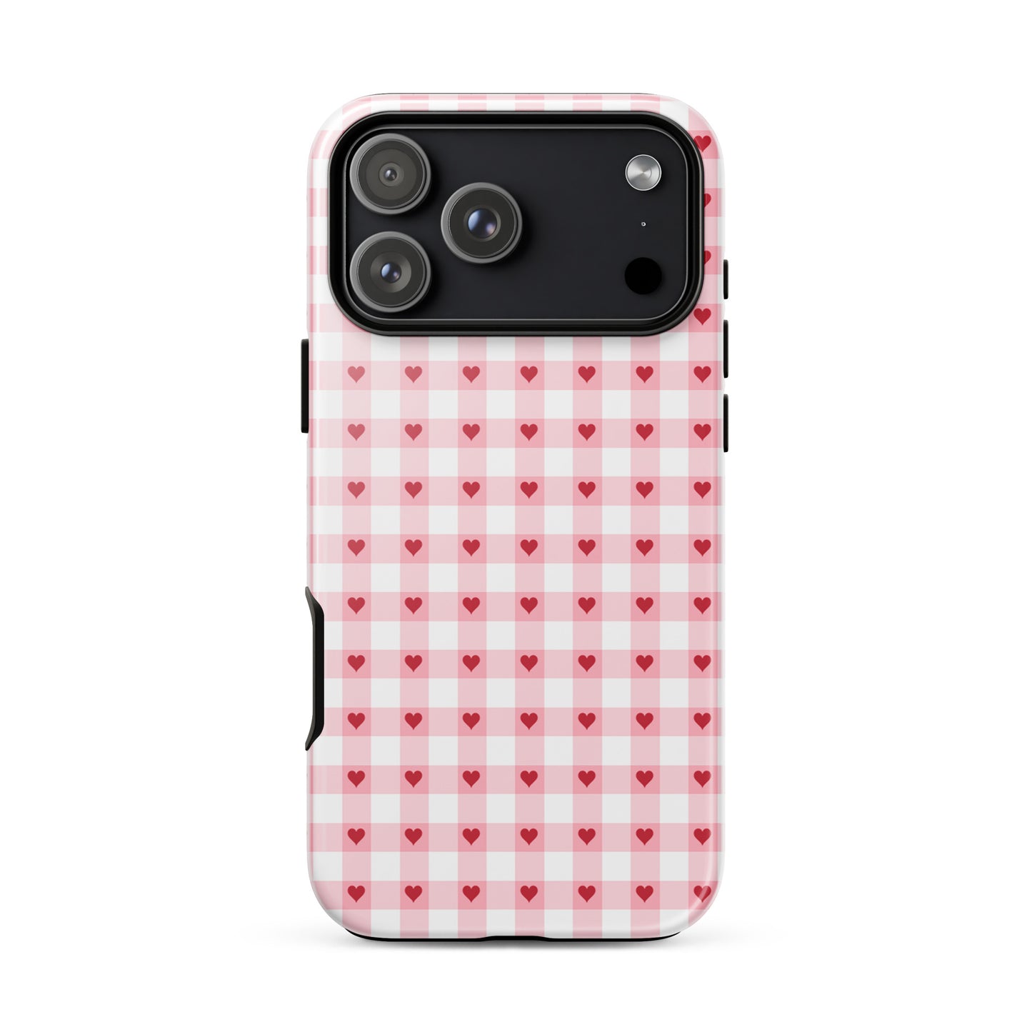 Phone Case with pink-and-white gingham pattern and red hearts, perfect accessory for iPhone, elevating style and durability.