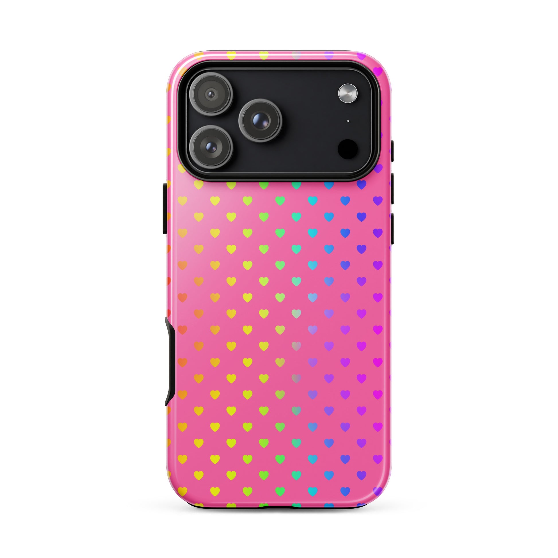 Phone Case for iPhone with cute rainbow hearts on pink backdrop, offering colorful charm and dual-layer protection.