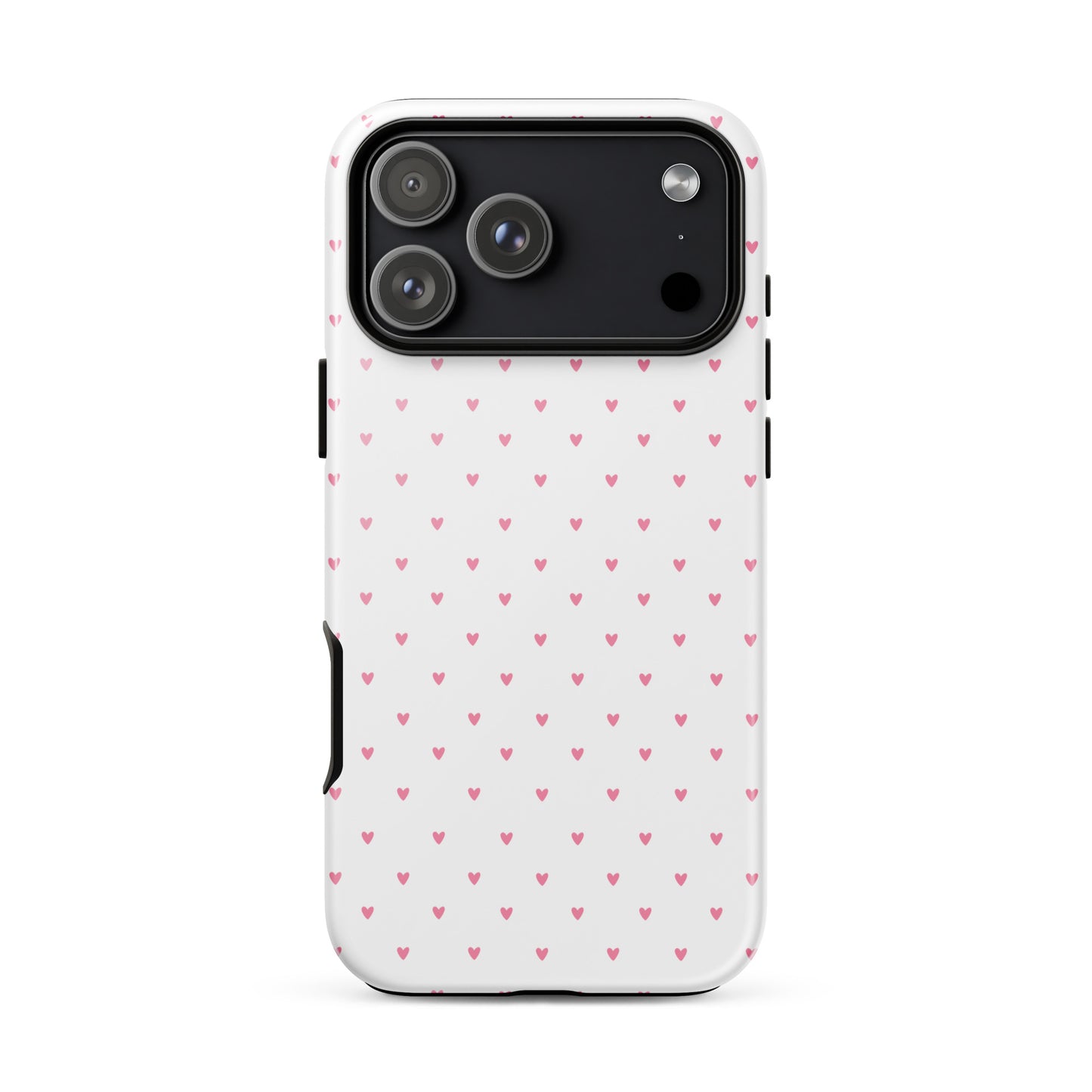 Phone Case for iPhone with heart-dot pattern, featuring cute pink hearts on a white background.