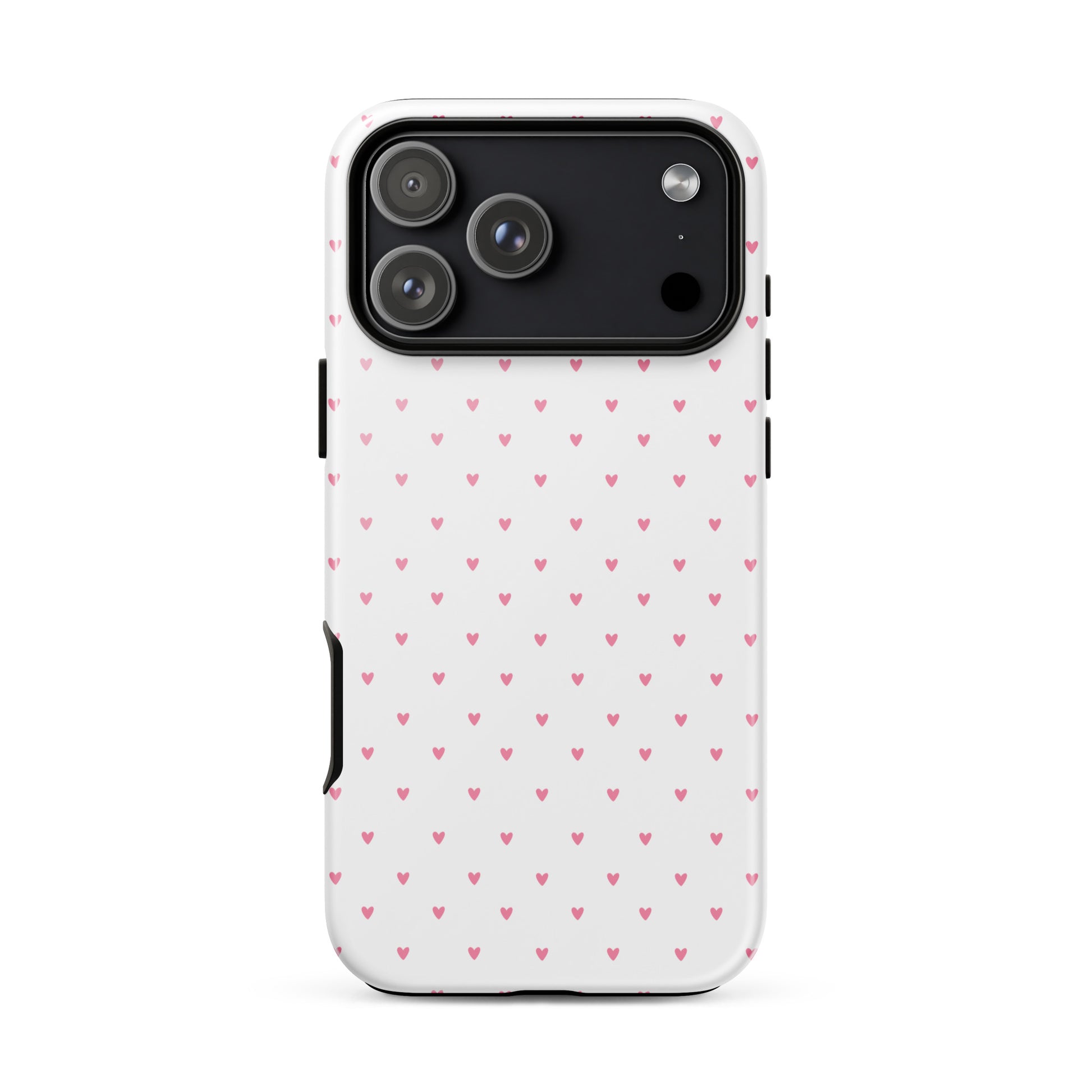 Phone Case for iPhone with heart-dot pattern, featuring cute pink hearts on a white background.