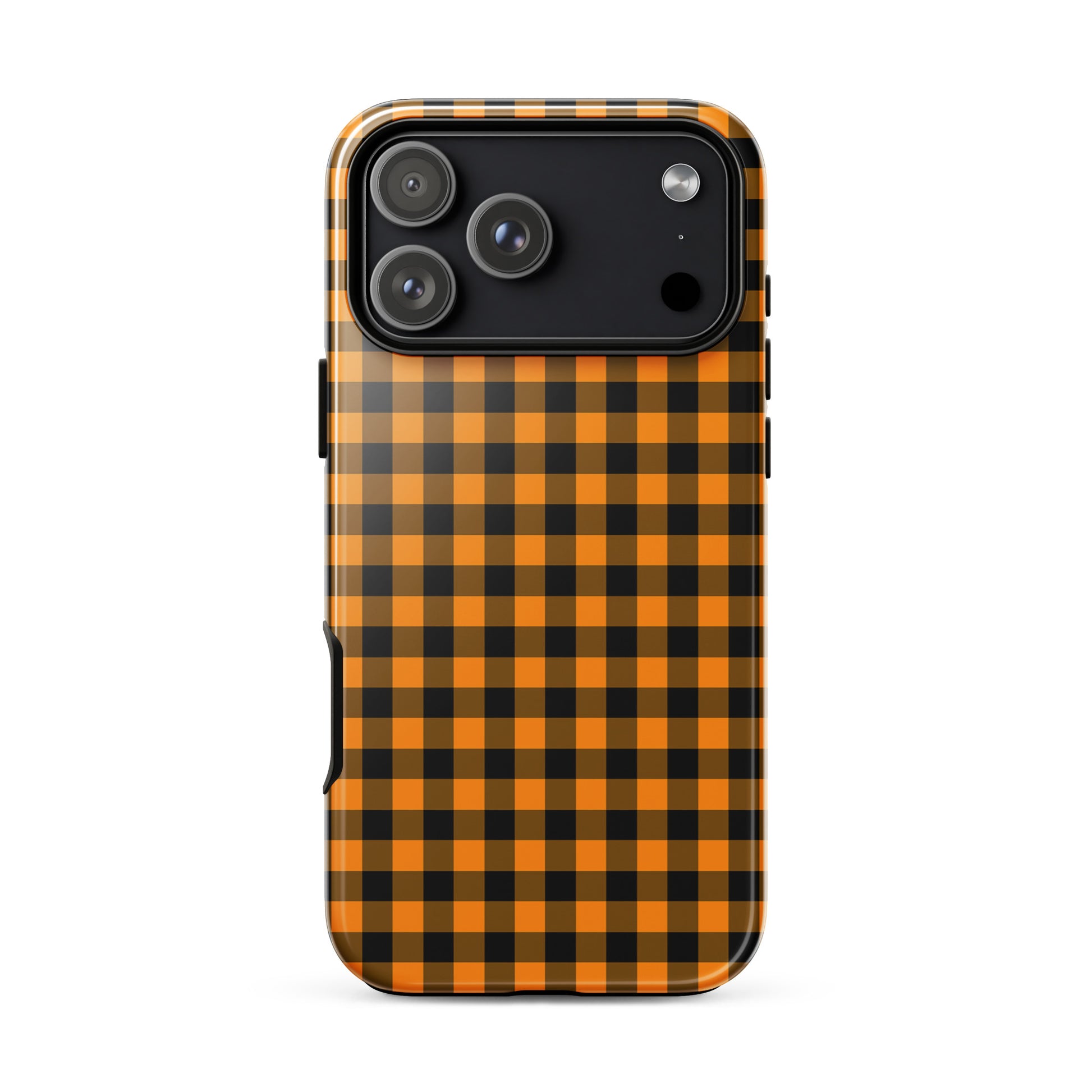 Black-and-orange gingham phone case for iPhone with autumn theme, stylish and durable design.