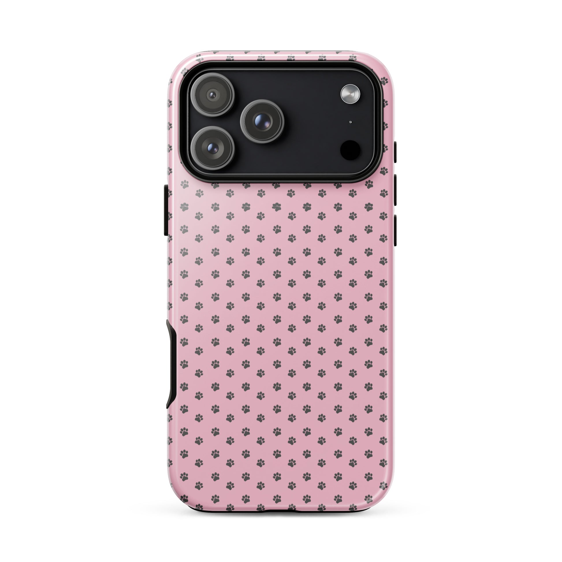 Phone Case for iPhone with pink background and gray paw-print design, showcasing playful pet-loving style.