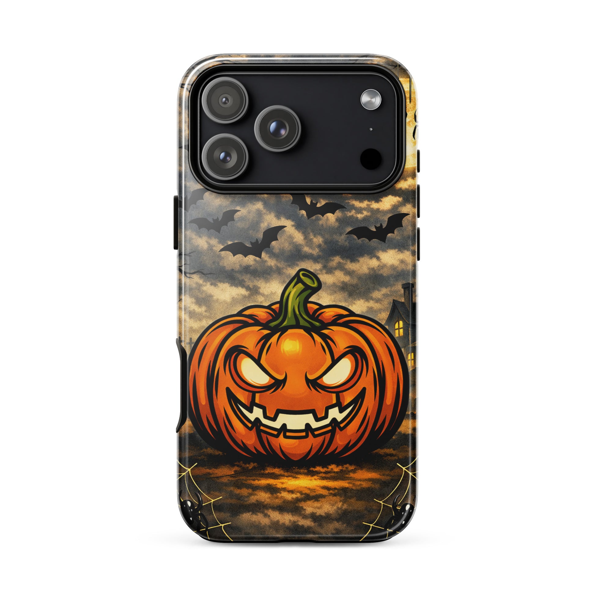 Phone Case for iPhone with Halloween scene featuring a glowing jack-o’-lantern, bats, and haunted house under a moonlit sky.