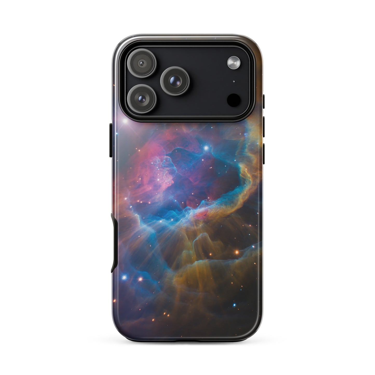 Phone Case for iPhone with cosmic nebula design, featuring vibrant blues and oranges in a starburst pattern, Nebula Cosmic Dreamscape edition.
