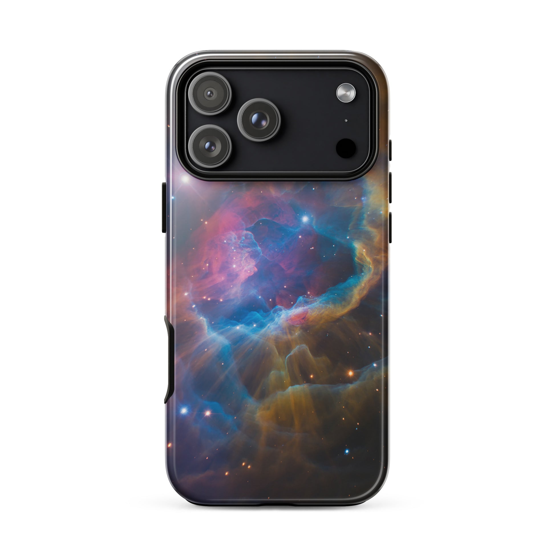 Phone Case for iPhone with cosmic nebula design, featuring vibrant blues and oranges in a starburst pattern, Nebula Cosmic Dreamscape edition.