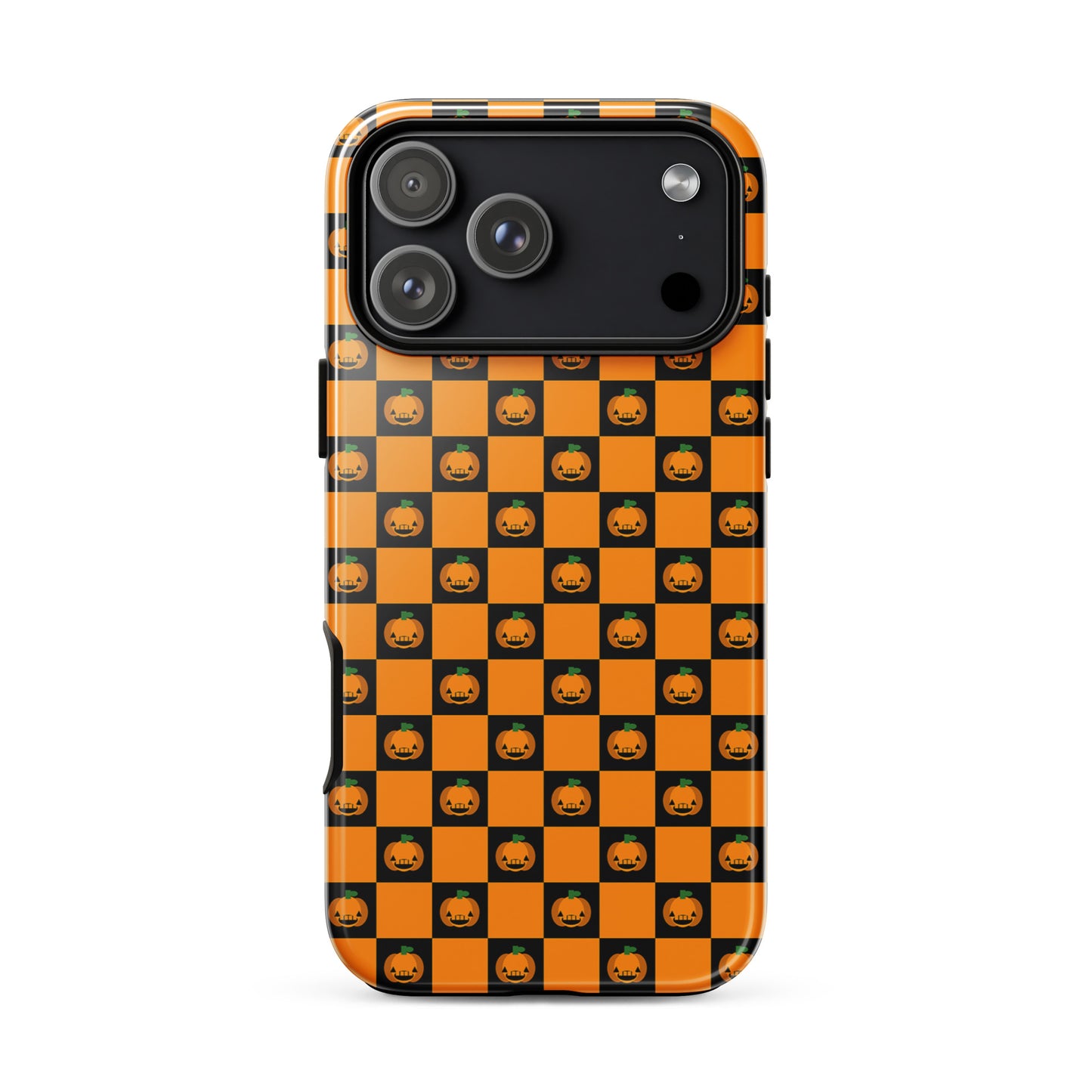 Phone Case for iPhone with Playful Pumpkin Checkered Halloween design featuring orange and black squares with jack-o'-lanterns.
