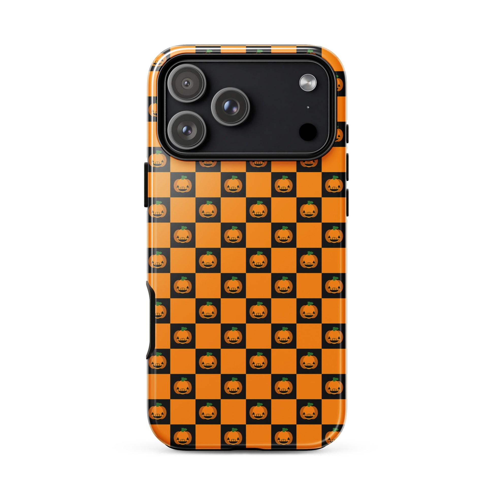 Phone Case for iPhone with Playful Pumpkin Checkered Halloween design featuring orange and black squares with jack-o'-lanterns.