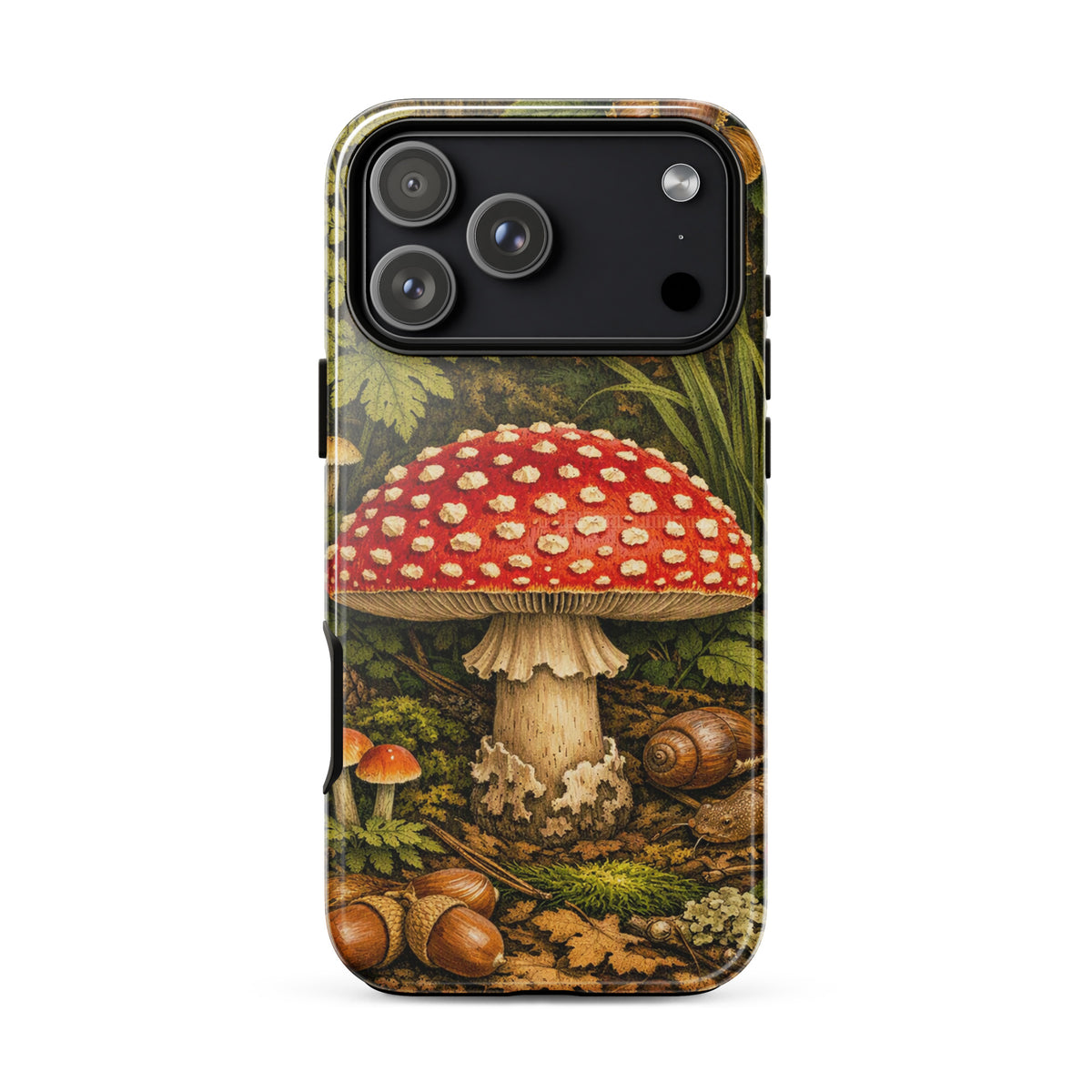 Phone Case featuring Amanita muscaria mushroom with red cap and white spots, designed for iPhone, set in a lush forest scene.