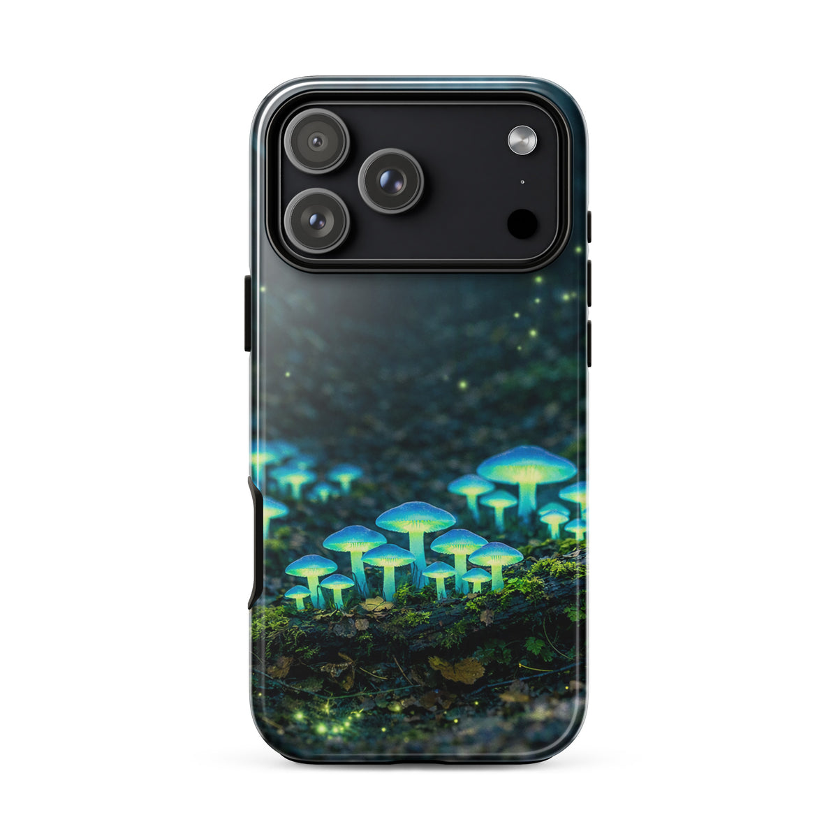 Phone Case featuring glowing forest mushrooms with ethereal blue-green light on iPhone.