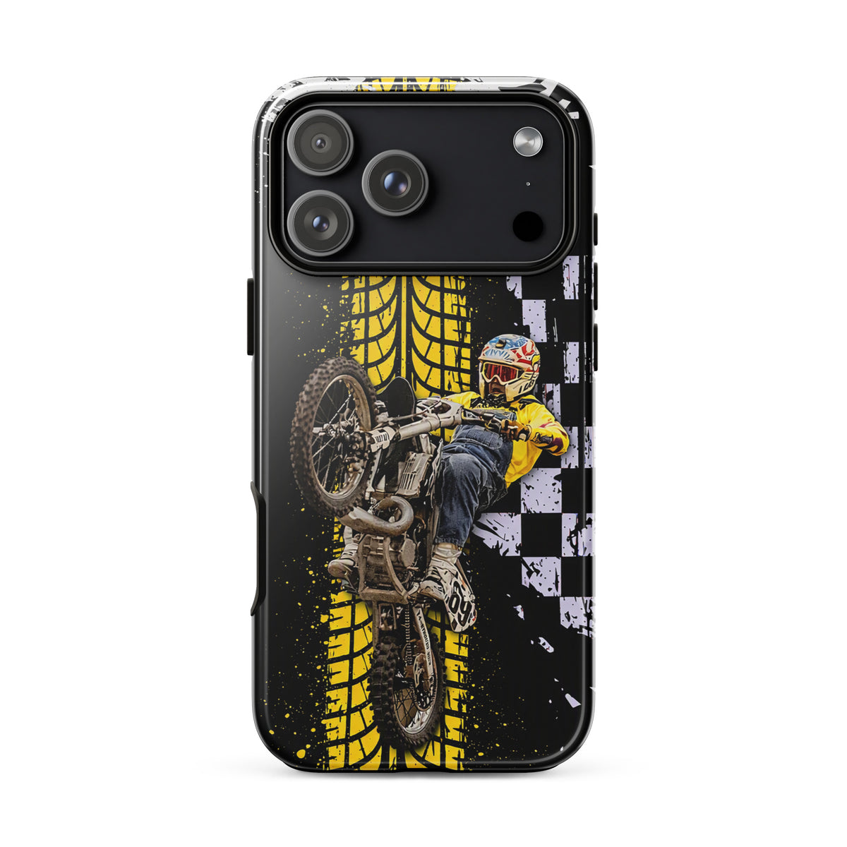 Phone Case for iPhone with motocross air-wheelie design in black, white, and yellow featuring rider and distressed checkerboard pattern.