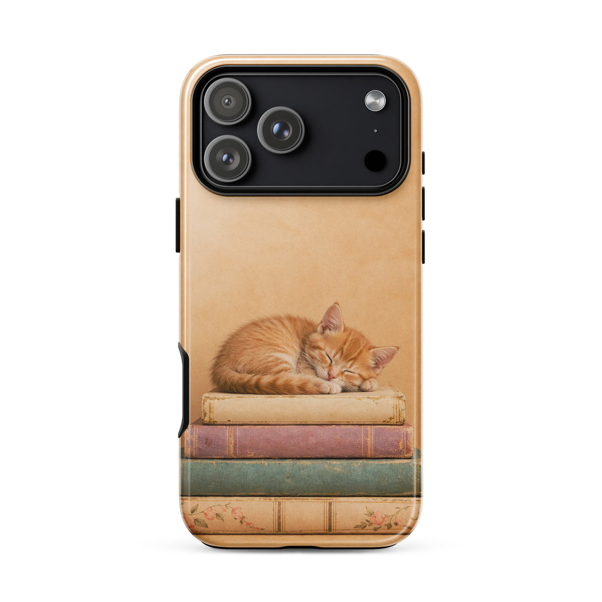 Phone Case for iPhone featuring a sleeping kitten on vintage books in warm colors.