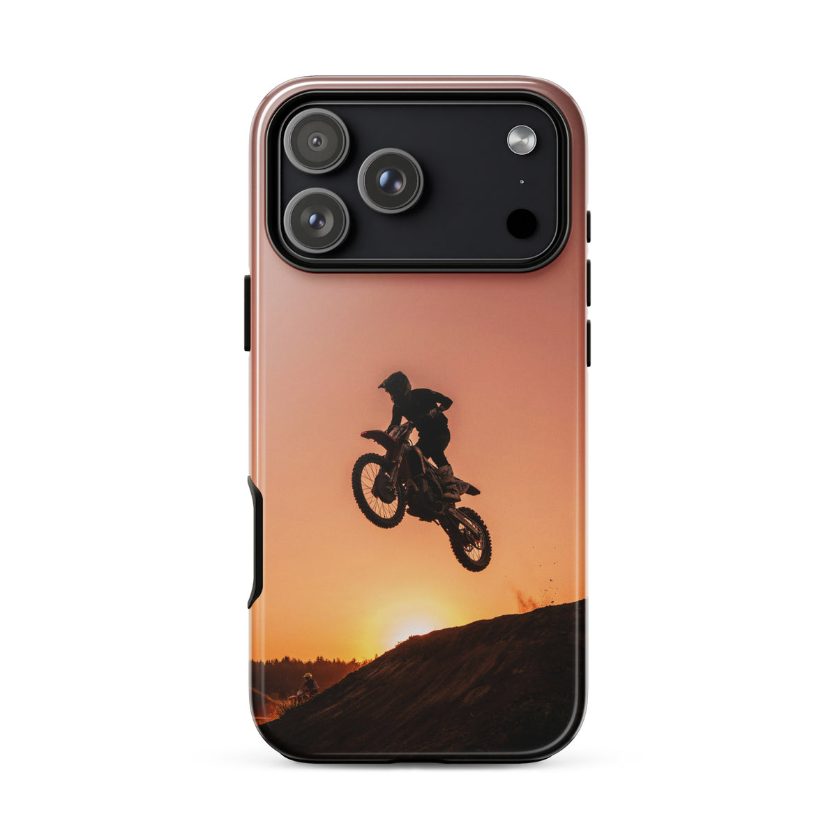 Phone Case featuring motocross sunset design with a dirt bike silhouetted against a golden sky, ideal for bike enthusiasts.