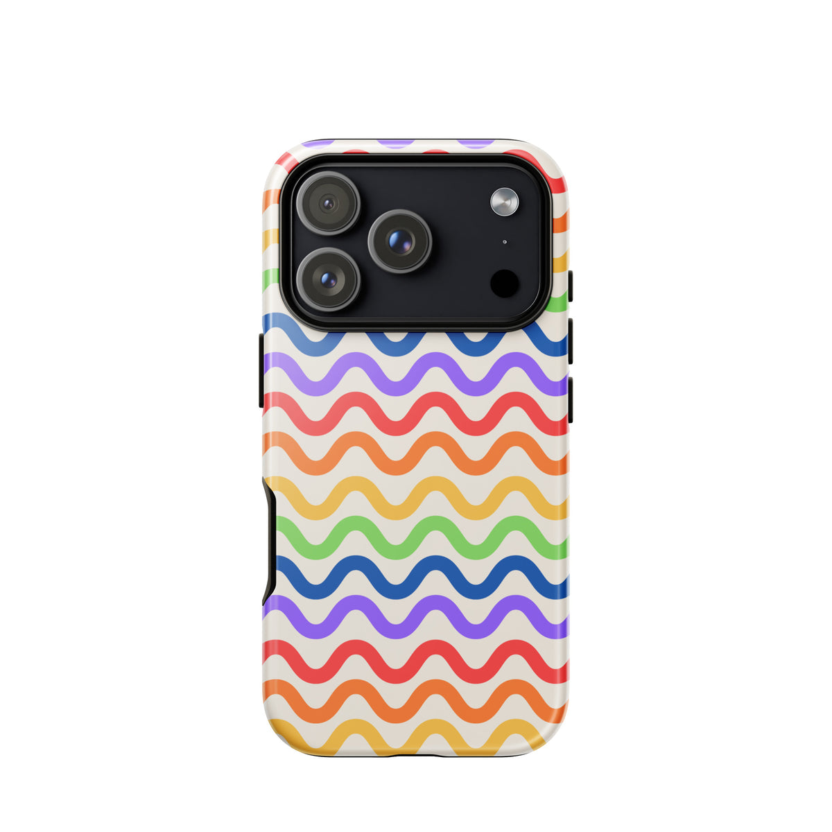 Phone Case for iPhone with wavy rainbow design, featuring purple, red, orange, yellow, green, and blue lines on a white background.