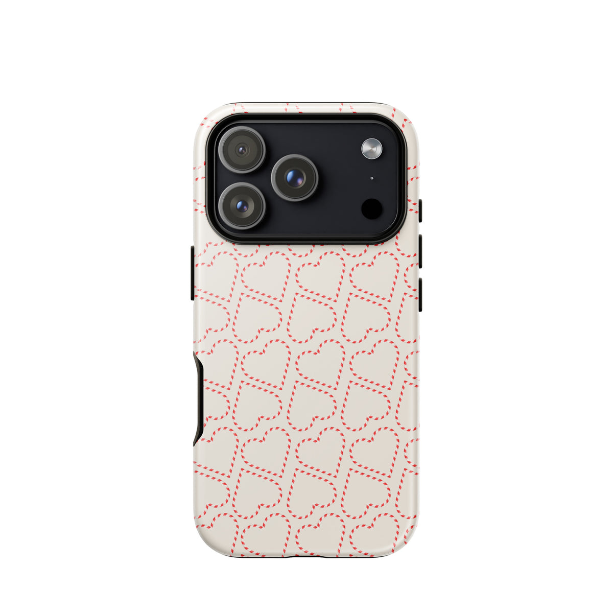 Phone Case for iPhone with candy cane heart pattern, perfect for holiday enthusiasts seeking festive and cozy winter vibes.