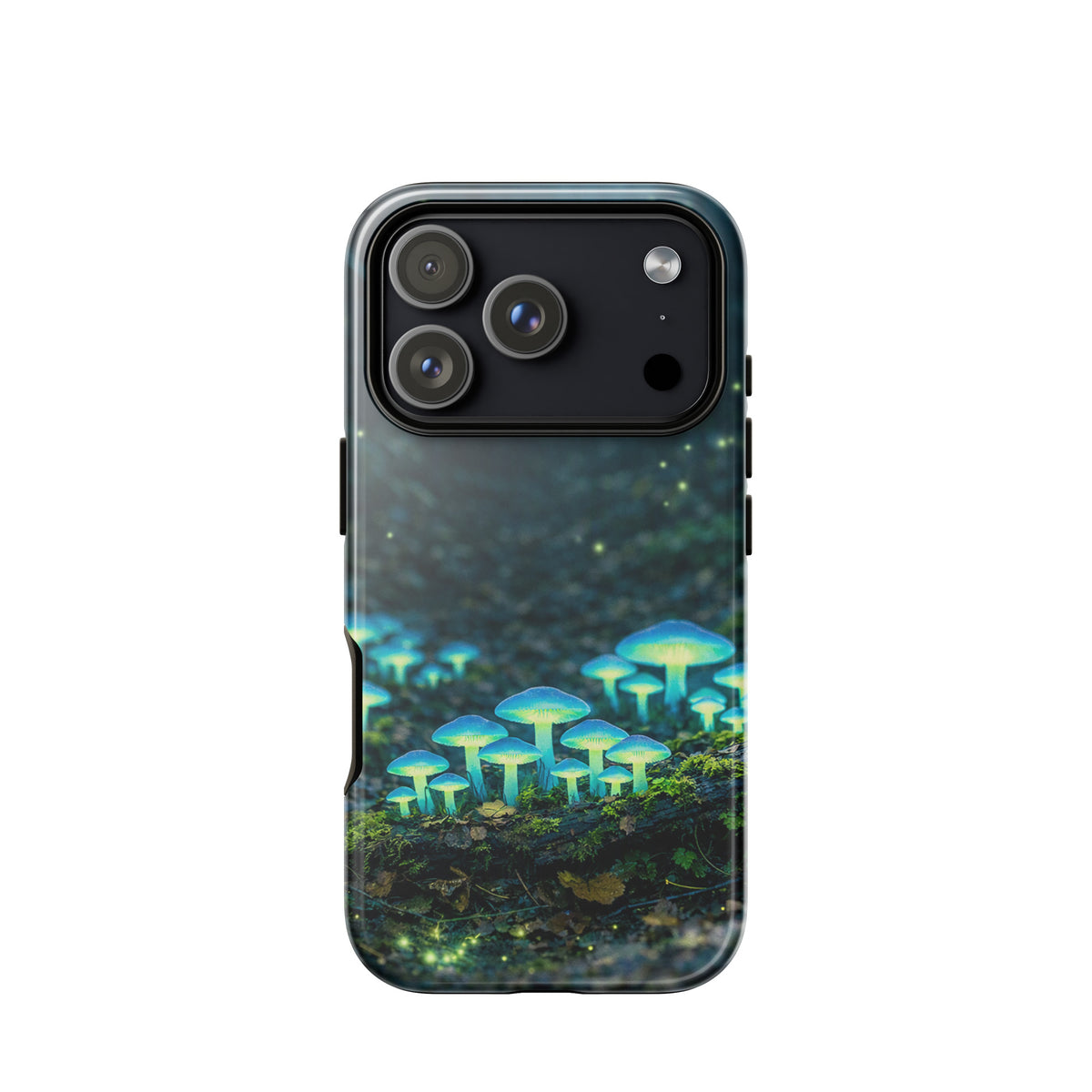 Phone Case featuring glowing forest mushrooms with ethereal blue-green light, perfect for iPhone users seeking a magical design.