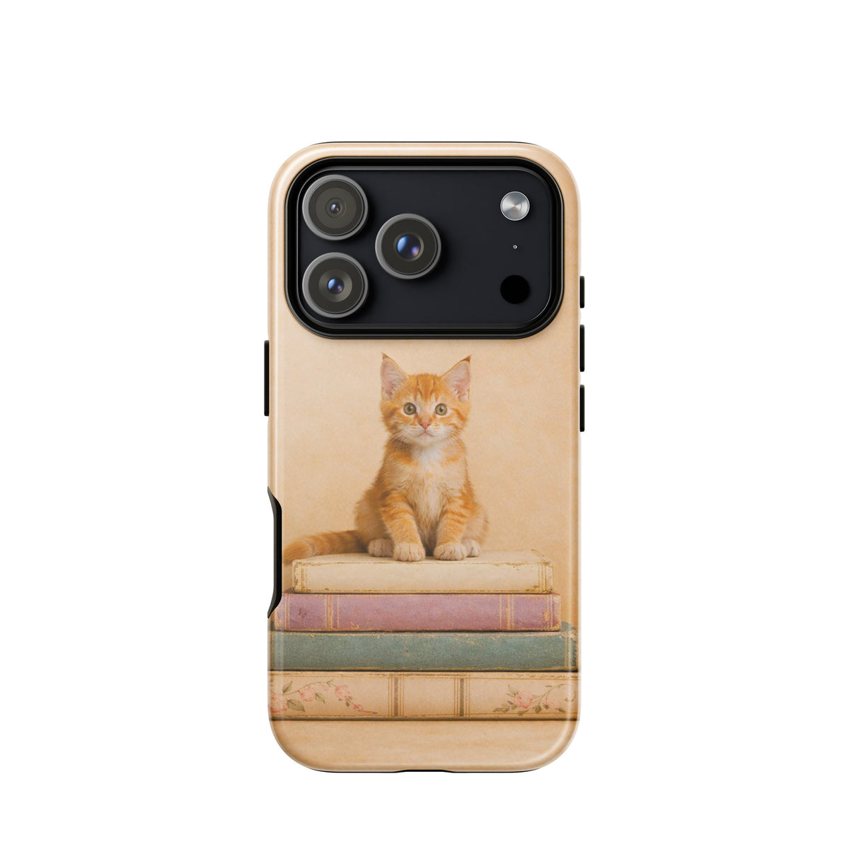 Phone Case for iPhone with orange tabby kitten on vintage books design, cozy nostalgia vibe, suitable for cat and book lovers.