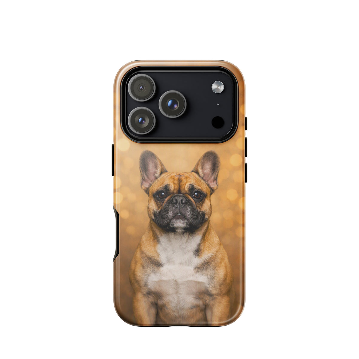 Phone Case featuring French Bulldog Portrait with golden bokeh background, Warm Glow Edition for iPhone, charming and playful design.