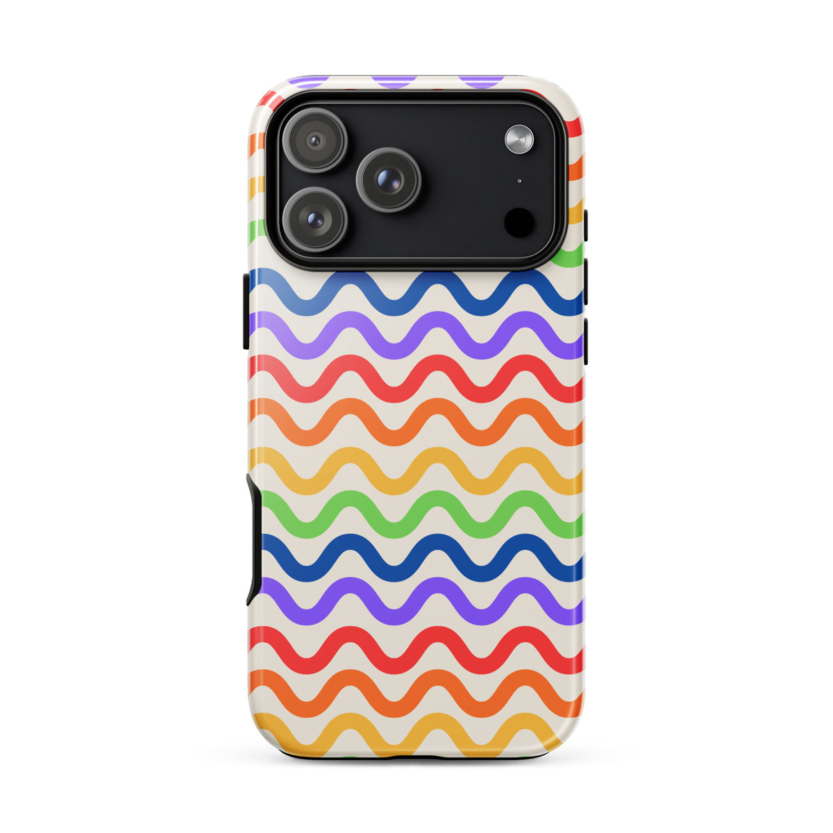Phone Case with wavy rainbow pattern for iPhone featuring vibrant colors on a soft white backdrop, offering playful style and strong protection.
