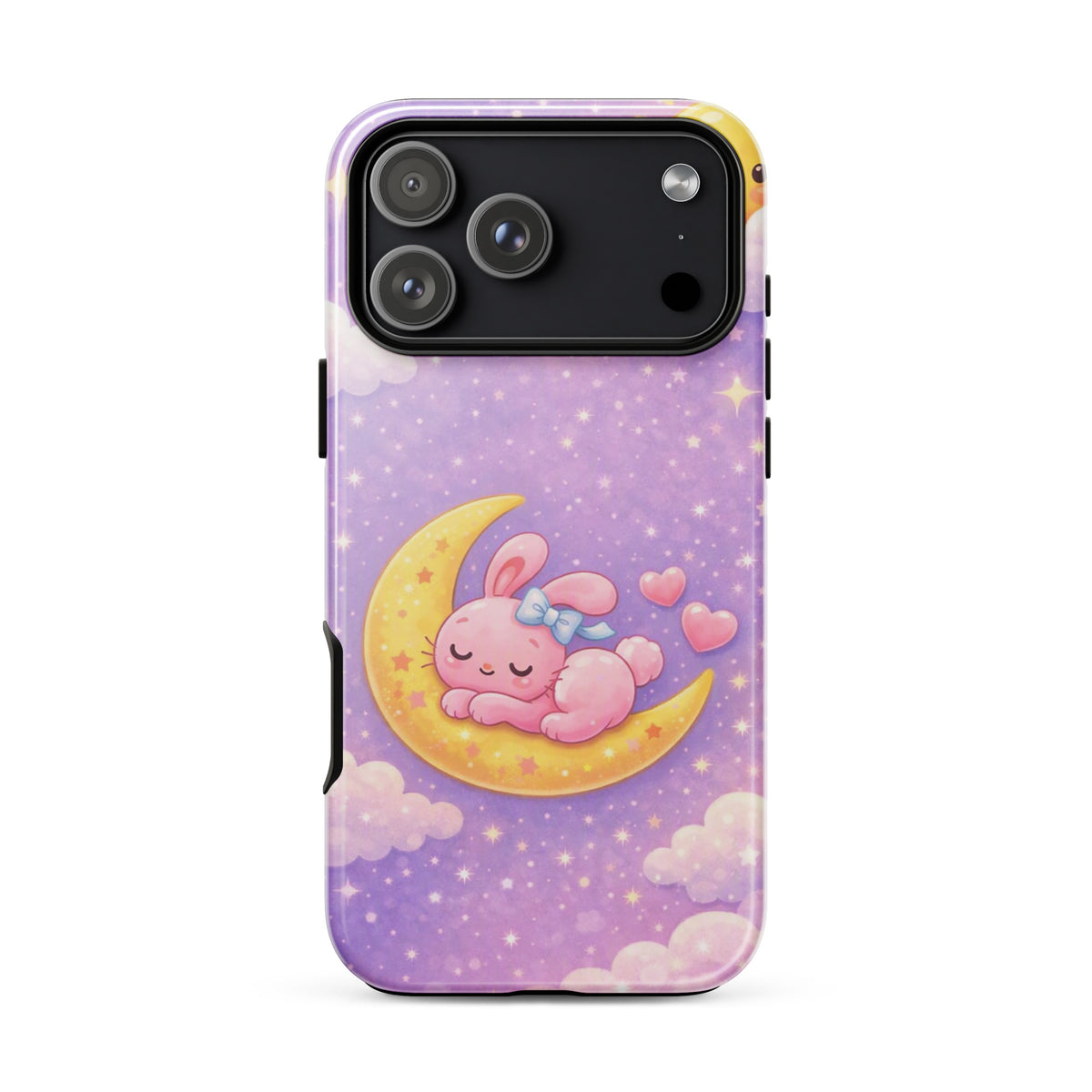 Phone Case for iPhone with cute bunny on crescent moon design, featuring pastel sky and stars, offering charm and protection.