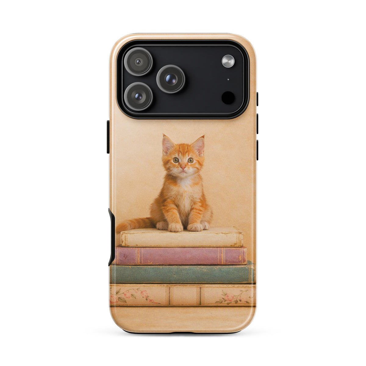 Phone Case with orange tabby kitten and vintage books design, perfect for cat lovers and book enthusiasts, xx219 model.